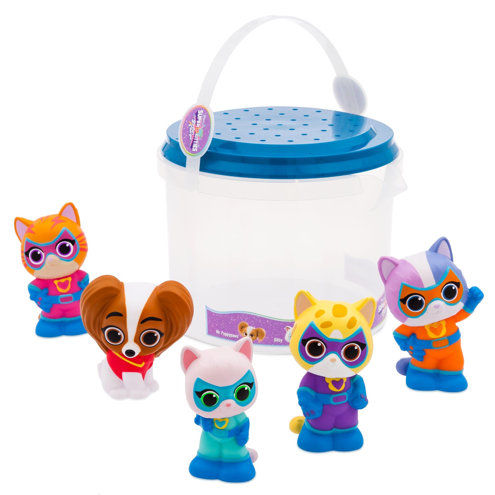 Disney Store Official SuperKitties Bath Toys Set - Includes 5 Detailed Toys with a Straining Storage Bucket - Bath Time Fun &amp; Water Play Set for Kids