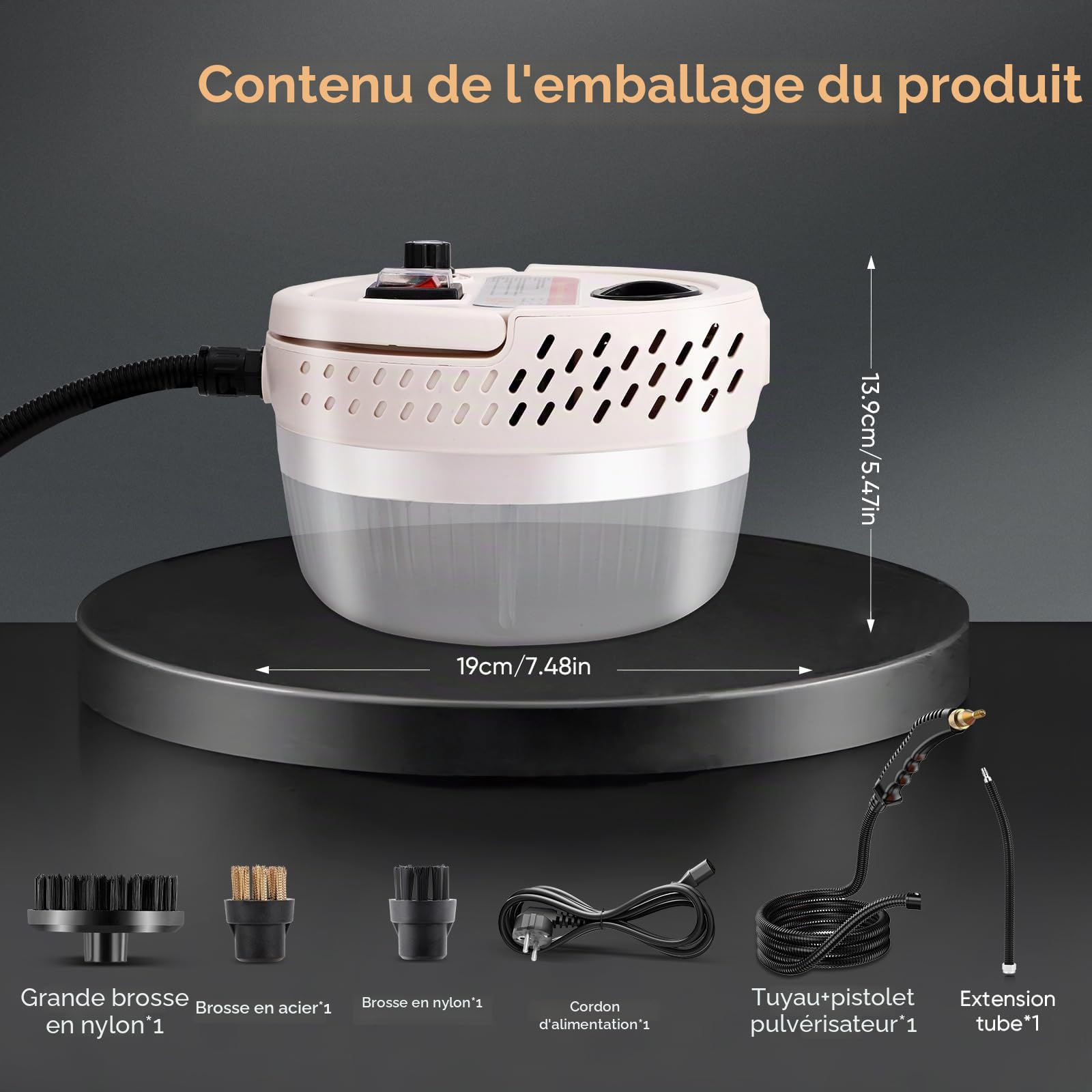 Nettoyeur vapeur 2500W, purificateur de vapeur à main, 1400ML grand réservoir d’eau, 6 vitesses réglables, 3 types de têtes de brosse pour tous les meubles de cuisine plancher salle de bain voiture