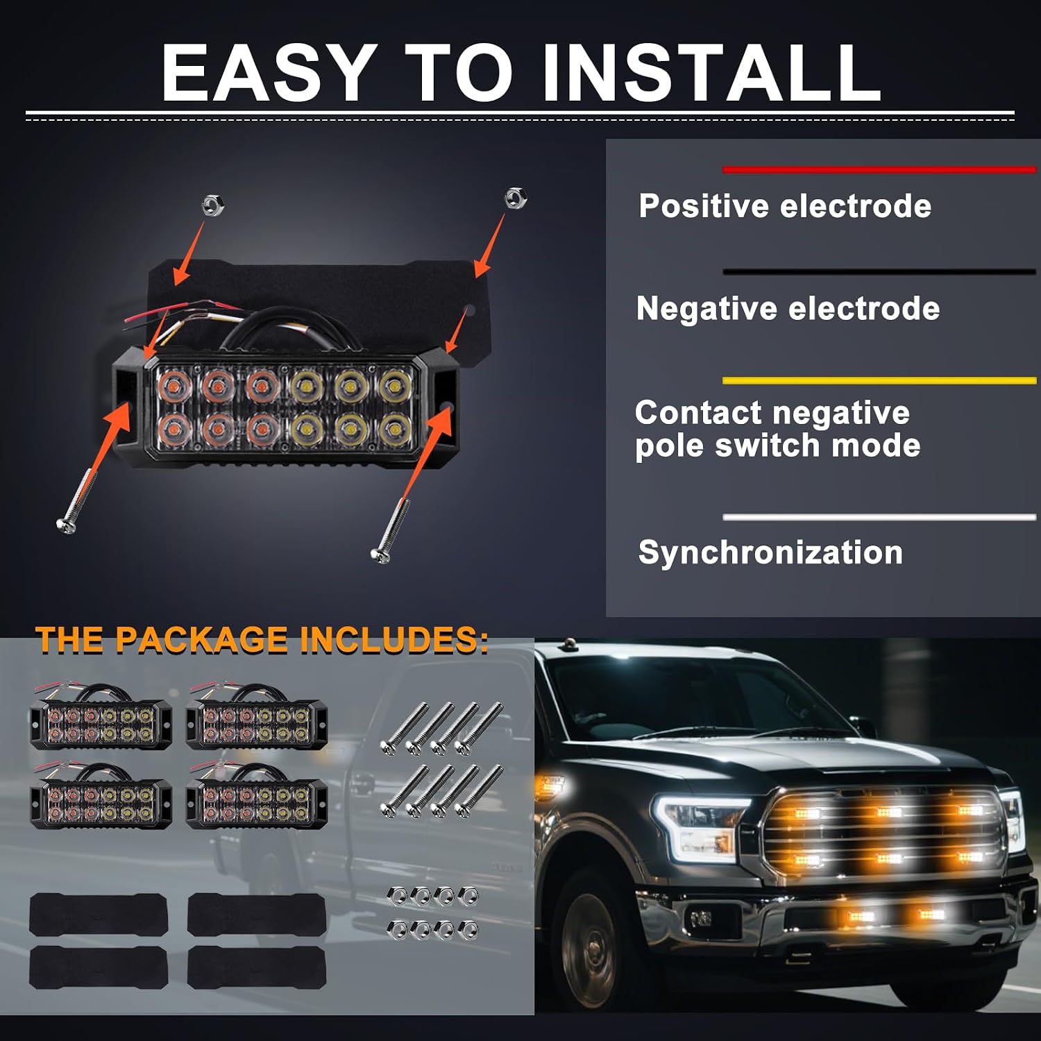 12-LED Amber White Emergency Strobe Lights, Surface Mount Strobe Emergency Beacon Safety Flashing Warning Grill Lights for Trucks Cars 4PCS