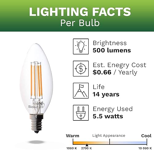 Miniatura 6 de Bioluz LED Bombillas de candelabro de 60 W, utiliza bombillas de vela de base E12 regulables de 5.5 W, blanco cálido, bombilla LED de filamamento de