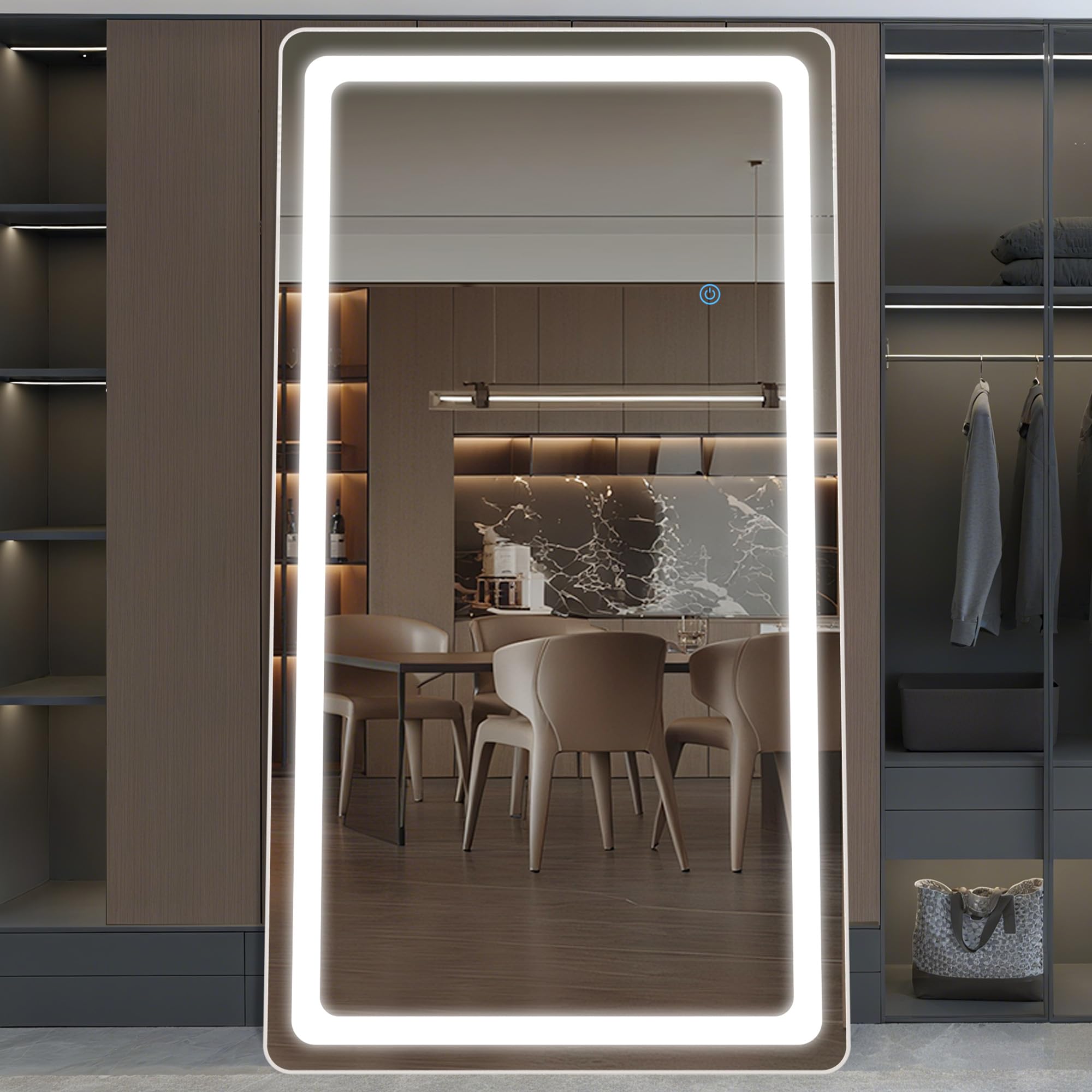 Antok LED Full Length Mirror with Light, 71"x28" Lighted Full Body Mirror with Stand, Dimmable & 3 Color Lighting Standing/Leaning/Wall Mounted Vanity Mirror for Bedroom Cloakroom Livingroom(Rect): 82"L x 44"W Rect Style White