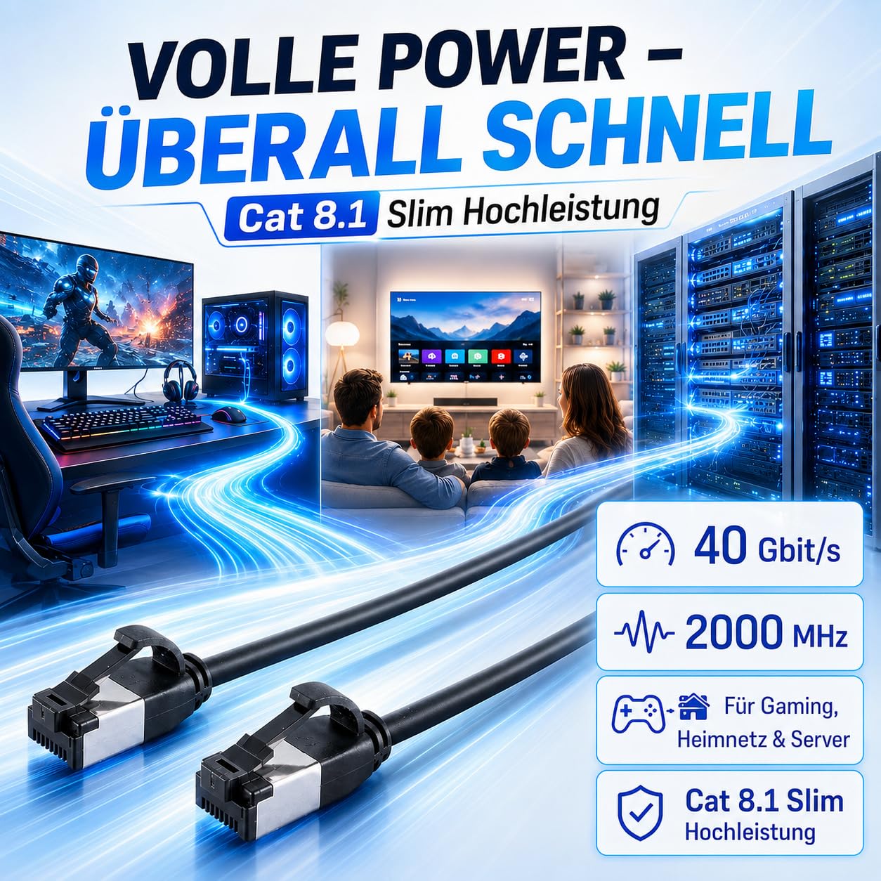 1aTTack.de 1m Cat 8.1 Lan Kabel Netzwerkkabel (10 Stück) Cat 8 Ethernet Kabel mit RJ45 Stecker Slim und dünn mit 40 Gbps Übertragungsrate Schwarz 1.0 Meter