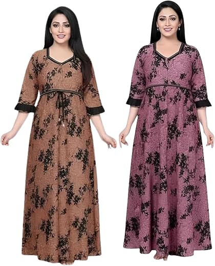 LURIYU Women's Floral Print Maxi Nighty, V-Neck Full Length Nightgown, Bell Sleeves, Soft Sarina Fabric, Comfortable Sleep...
