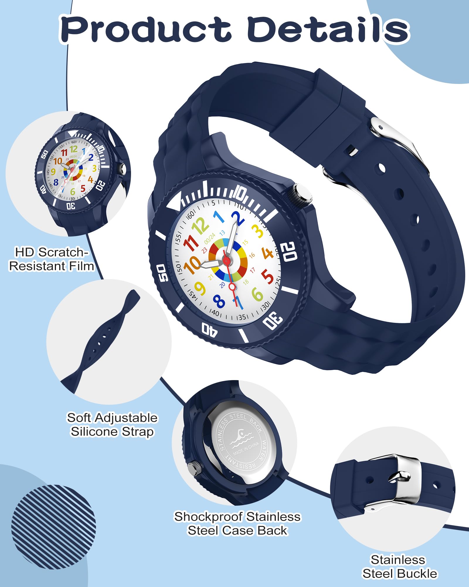 Kinderuhr Jungen Mädchen,Lernuhr Armbanduhr Kinder Analog mit 3ATM Wasserdicht,Weiches Band,Leicht Ablesbar 4-12 Jahre