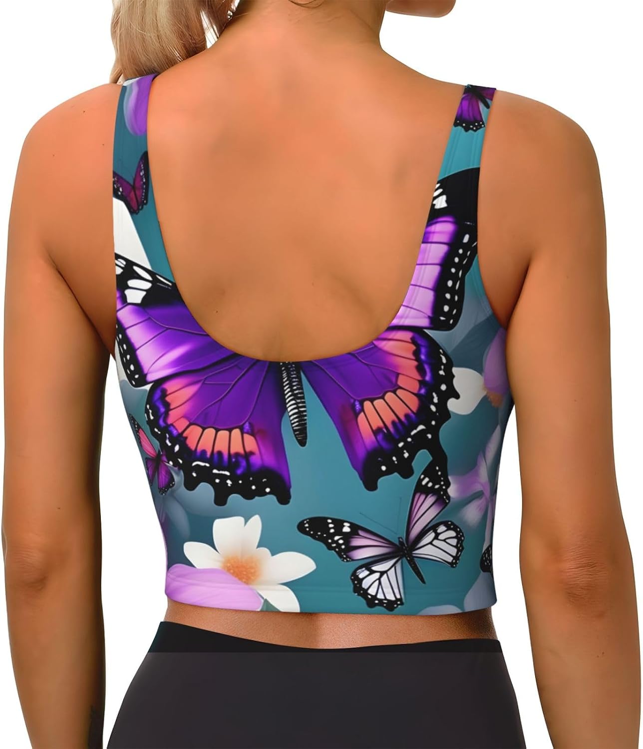 Purple Butterfly and Flowers Print Women's Sports Bra Tank Tops,Longline Sports Bras for Yoga,Workout and Running