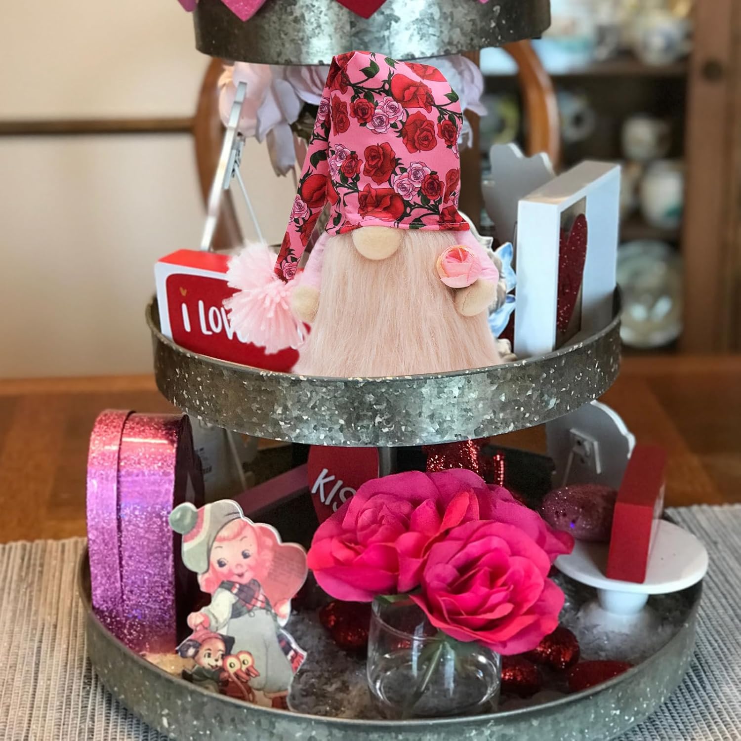 Attiigny Handmade Valentine's Day Gifts Gnome Plush,Romantic Saint Valentine Tiered Tray Party Decoration Doll,Sweet Rose Pattern Anniversary Present for Him and Her