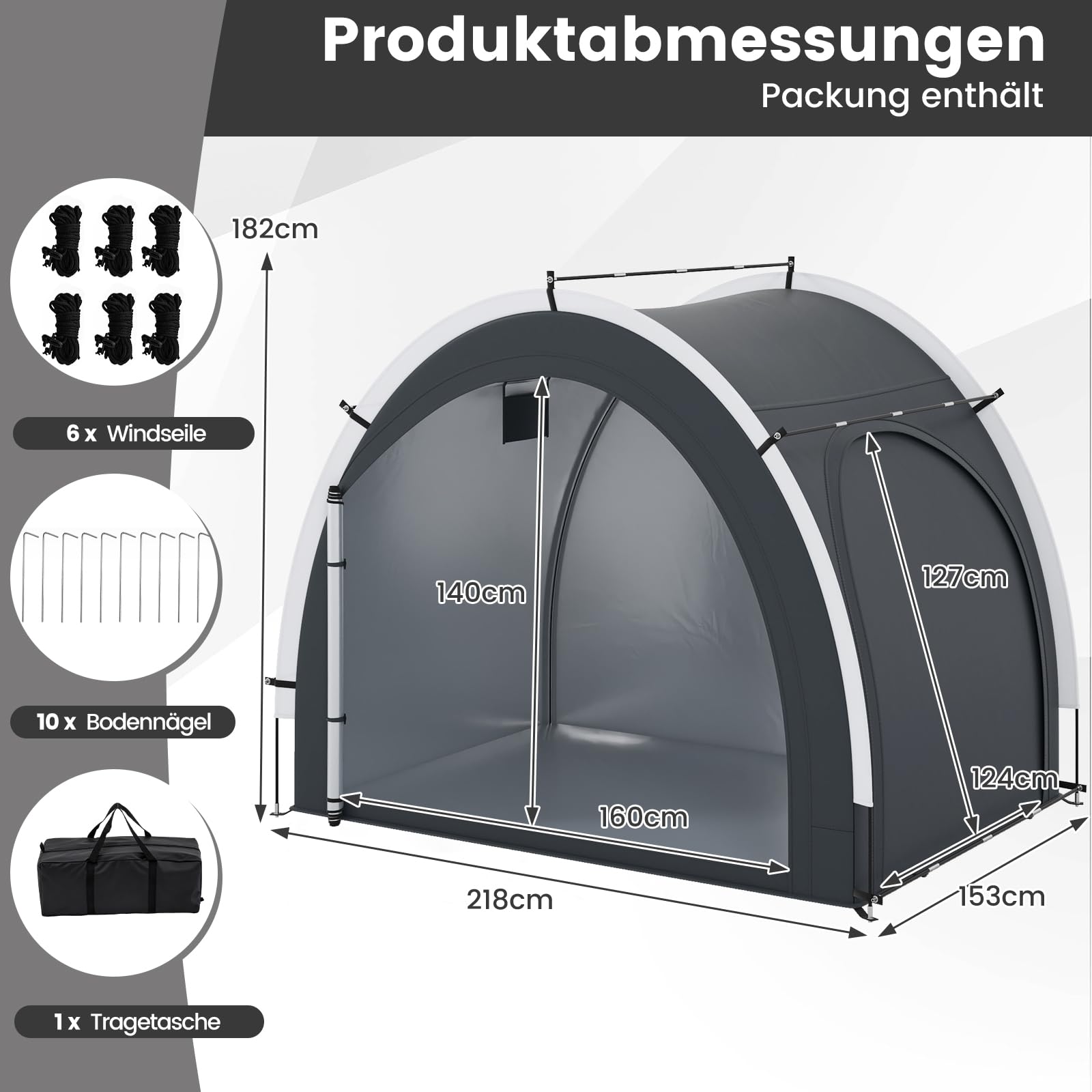 COSTWAY Fahrradgarage für 4-5 Fahrräder, wetterfest, mit 2 Rolltüren, Fenster & Tasche, 218 x 153 x 182 cm