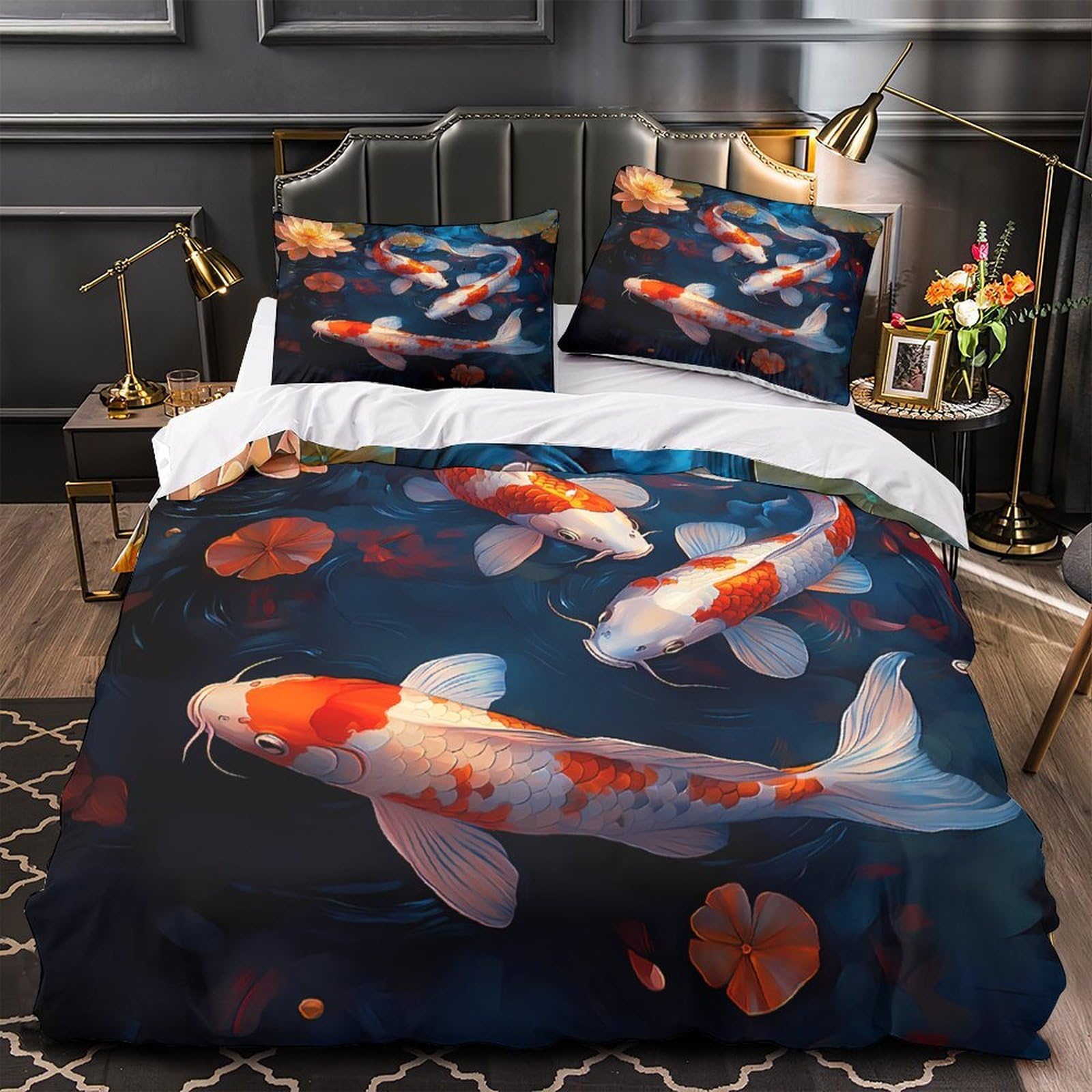 Linge de lit carpe koi anti-acarien et ultra doux pour King Size