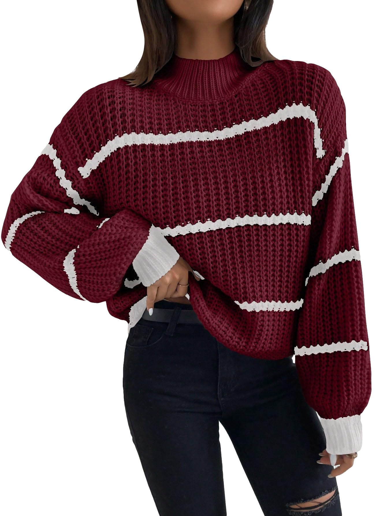 GORGLITTER Womens Striped Oversized Sweaters Color Block Long Sleeve Turtleneck Cute Fall Knit Pullover Trendy 2025
