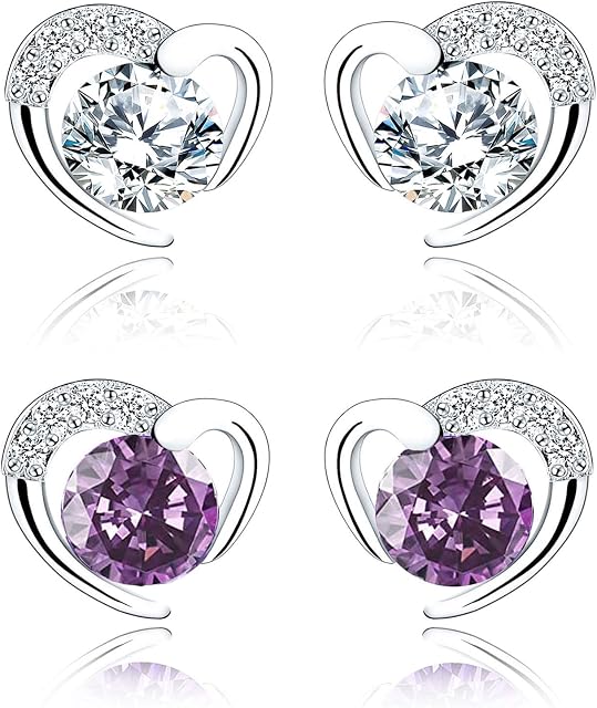 Silver Stud Earrings for Women, Stud Earrings White Gold Cubic Zirconia Heart StudsDainty Earrings Jewellery Gifts for Girls