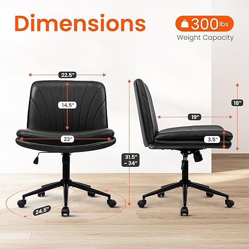Miniatura 2 de Orange Factory Silla cruzada con ruedas, cómoda silla de escritorio ancha de cuero de doble base sin brazos ajustable giratoria para tareas de