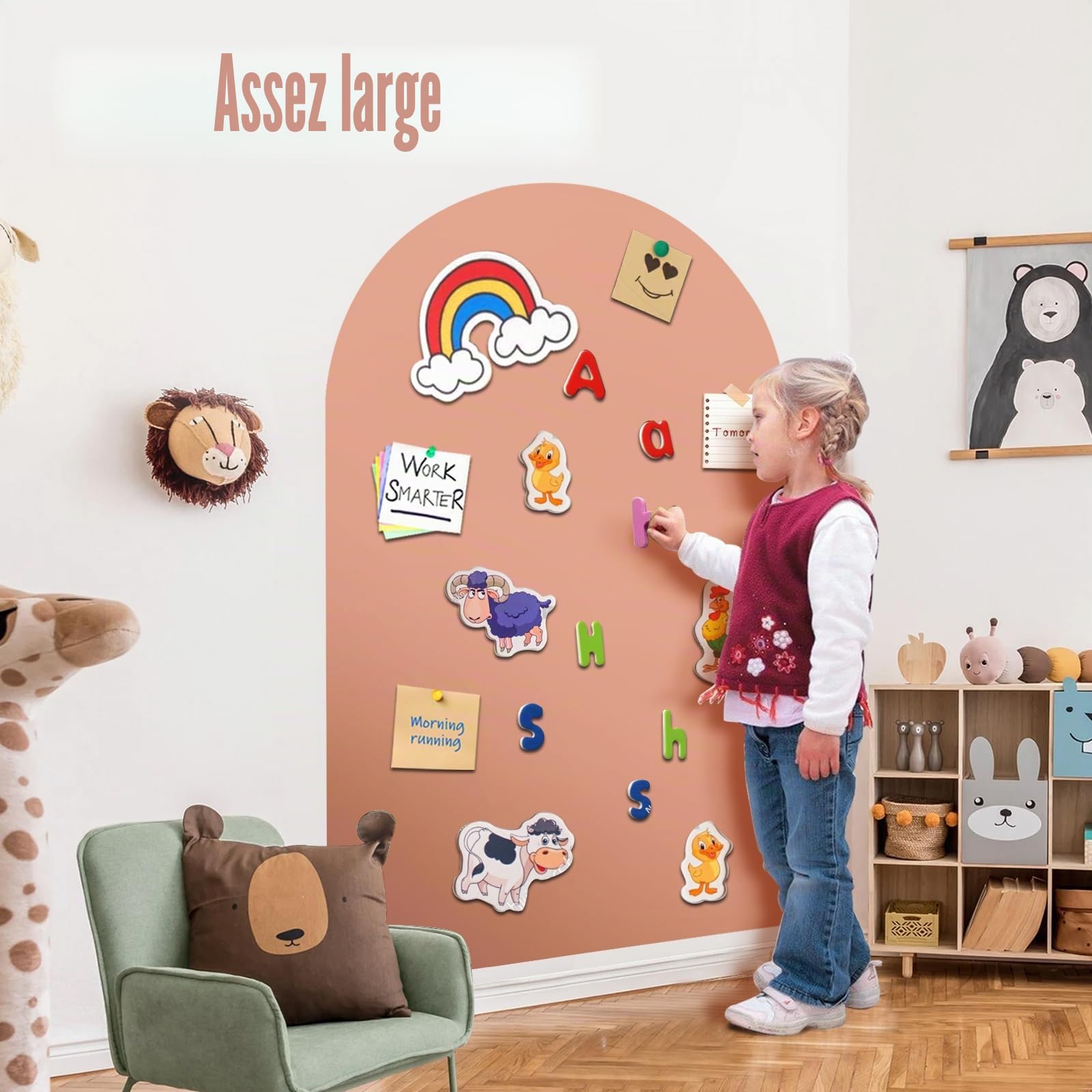 Tableau Magnétique Mural Enfant 80×100 cm, Adhésif Papier Aimanté Arche, Inclus 3 Craies Sans Poussière et 1 Chiffon Nettoyant - Idéal Salle de Classe ou Chambre d'Enfant (MilkTea)