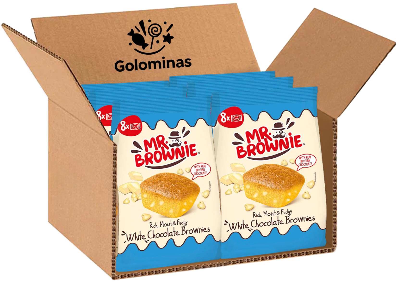 Mr. Brownie Blondies de Chocolate Blanco Belga – Pack de 12 Bolsas (8 Blondies por Bolsa) – Bizcochitos Suaves y Jugosos con Pepitas de Chocolate Blanco – Snack Dulce Envasado, Ideal para Meriendas