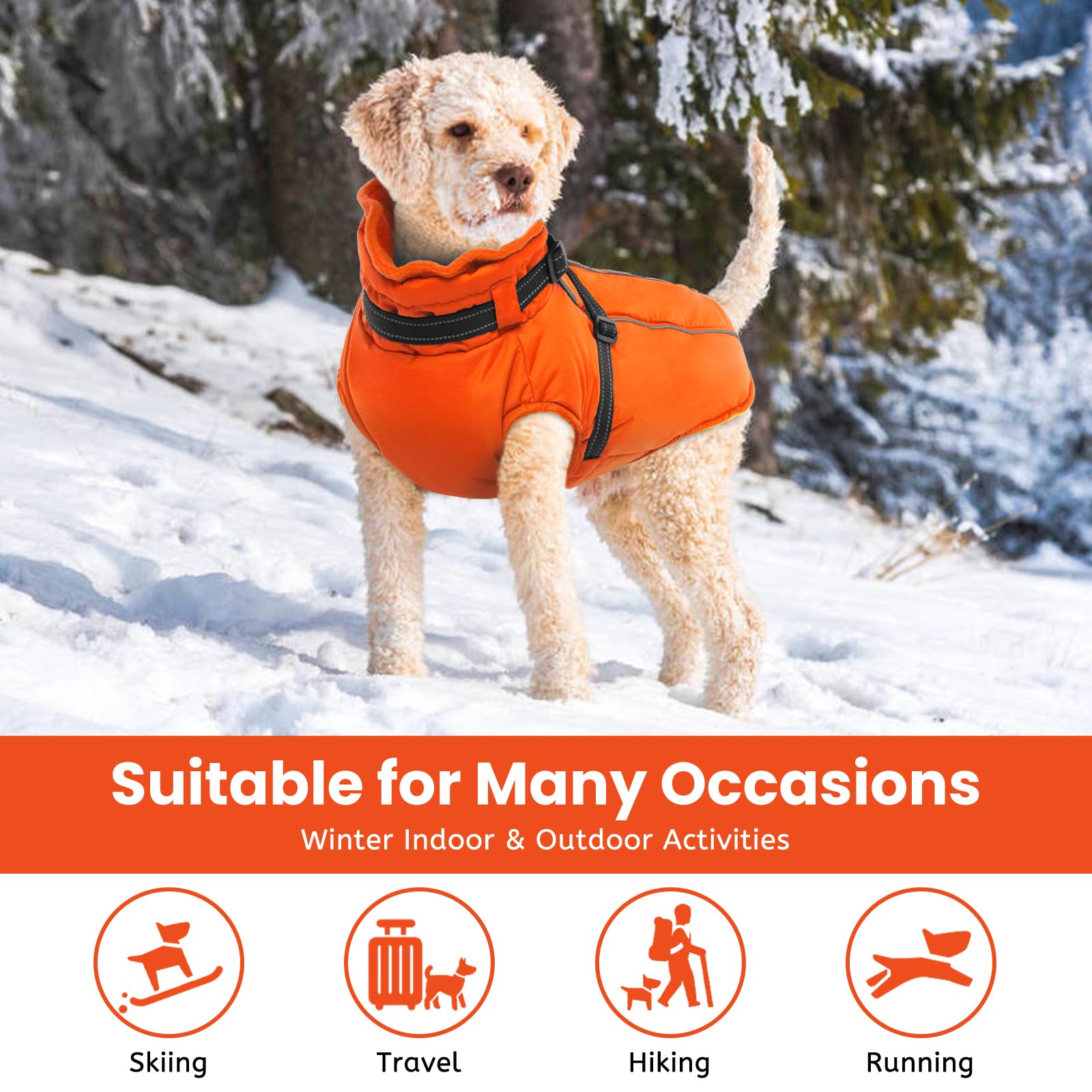 Lelepet Small Dog Coat With Harness - Warm Waterproof Fleece Jacket, Winter Reflective Vest Snow Suit for Yorkshire Papillon - Orange S - Image 4