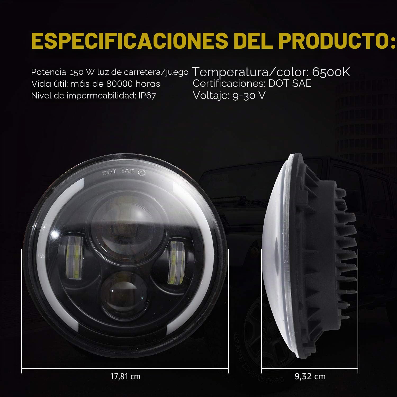 7" Luz de trabajo LED de100W 10000LM 4 lentes Ojos de ángel 3000K+6000K 4 modos de iluminación Luces LED todoterreno redondas negras Cree Luz baja DRL HI LO Haz para Wrangler JK TJ LJ CJ Hummber H1 H2