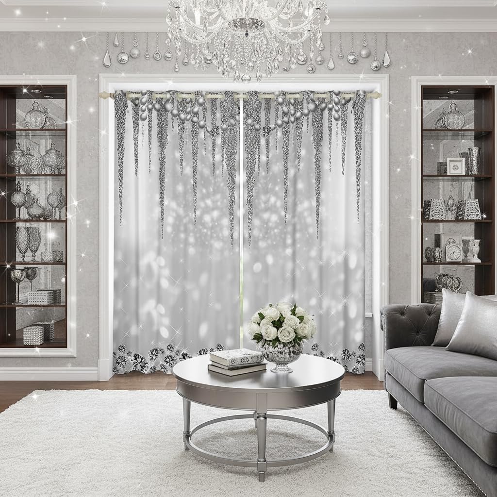 Grey Glitter Window Curtain Diamond Pearls Silver Curtains for Kids Teens Girls Men Room Decor Luxury Sparkling Jewelry Blackout Window Treatment Starlight Galaxy Window Drapes,Top 2 Panel,52Wx63L