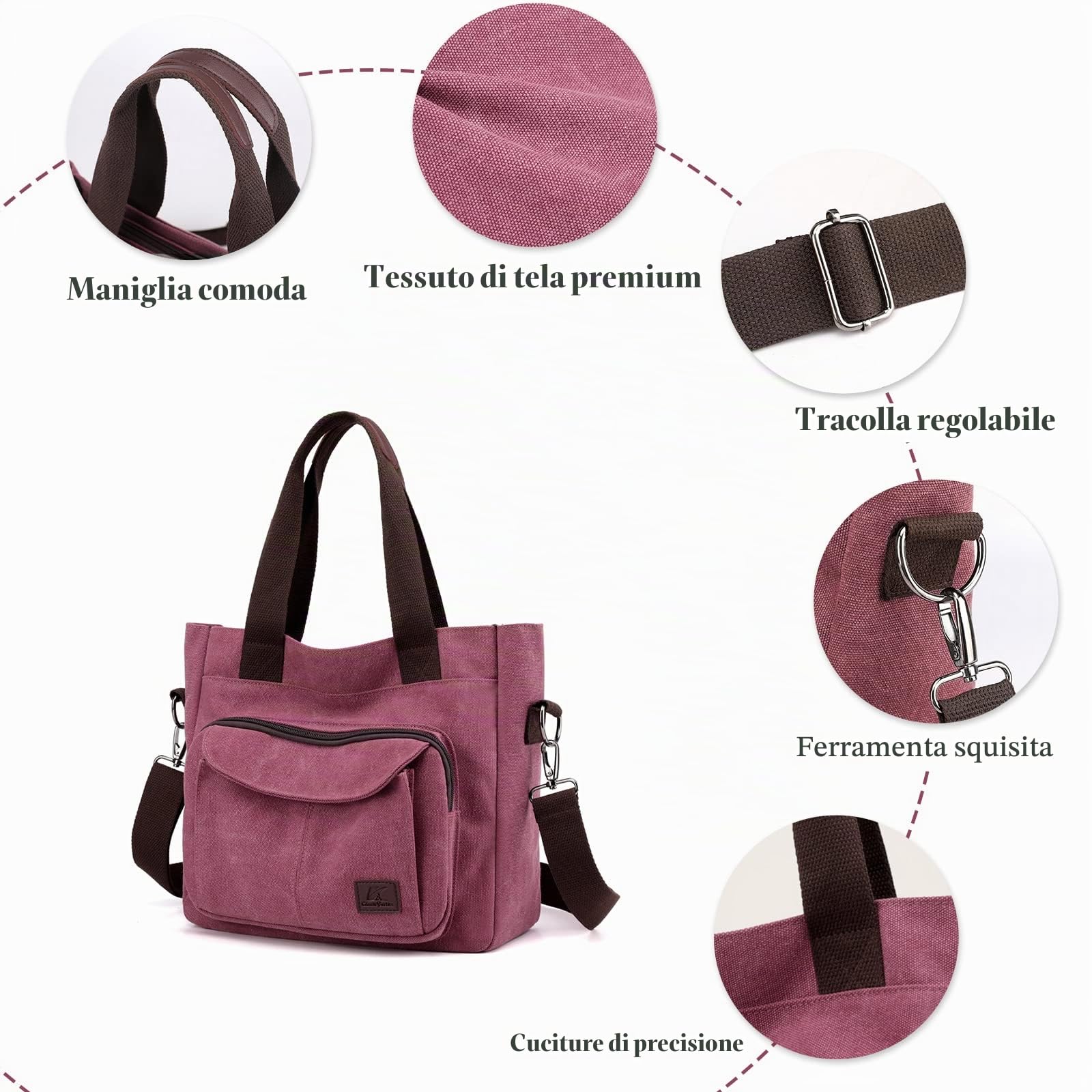 Donna Borse a Spalla Borsa Tracolla in Tela Tote Ragazza Crossbody Bag per Shopping Viaggio Lavoro Uso Quotidiano Viola