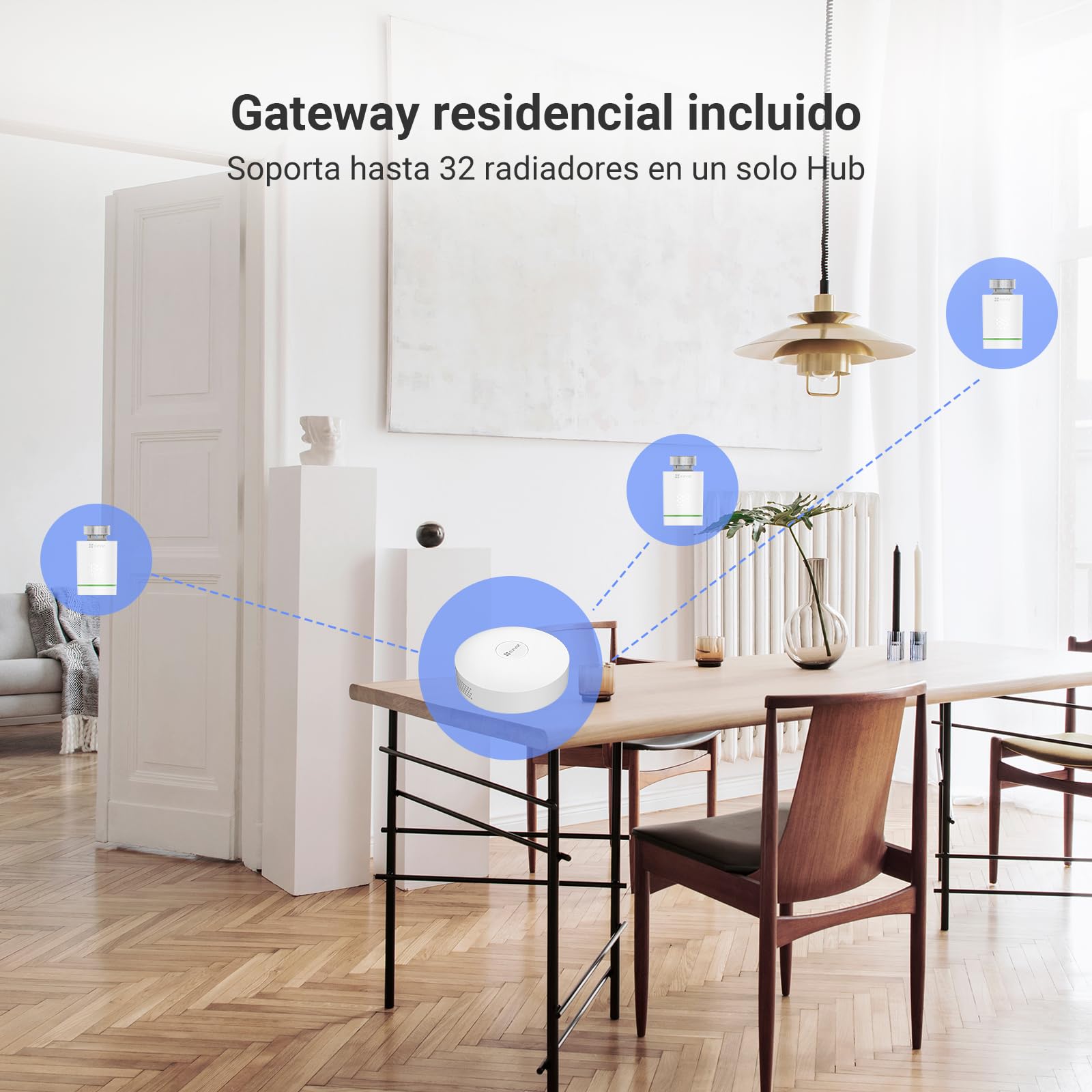 EZVIZ Válvulas Termostaticas WiFi Inteligente, Kit de 2 Termostatos de Radiador con A3 Puerta de Casa, Control de Calefacción Energética Eficiente, DIY Instalación, Automatización del hogar, T55 Kit