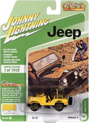 Johnny Lightning Jeep CJ-5 Sunshine Yellow con Golden Eagle Graphics Classic Gold Collection Edición limitada a 7418 piezas en todo el mundo 164