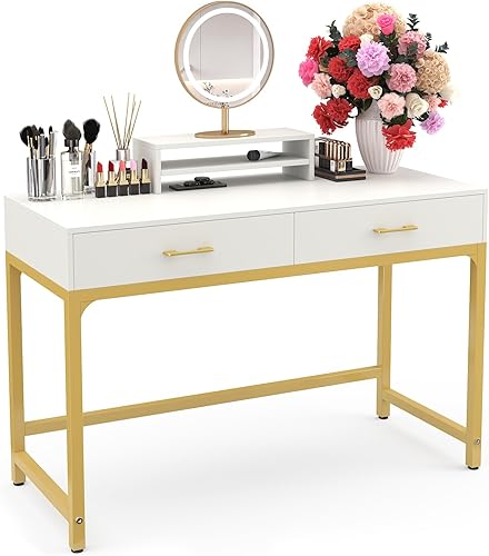WESTREE Women Makeup Vanity Desk with 2 Drawers - Bedroom Home Office Desk, Wooden Height Monitor Stand & Storage Shelf Without Mirror, White Table