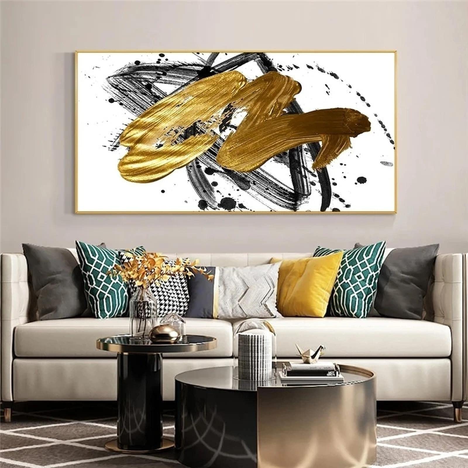 Yooyu Pintura de lienzo moderna abstracta con carteles de lámina dorada e impresiones Cuadros de arte de pared para la decoración del hogar de la sala de estar 50x100cm (20x39in) con marco