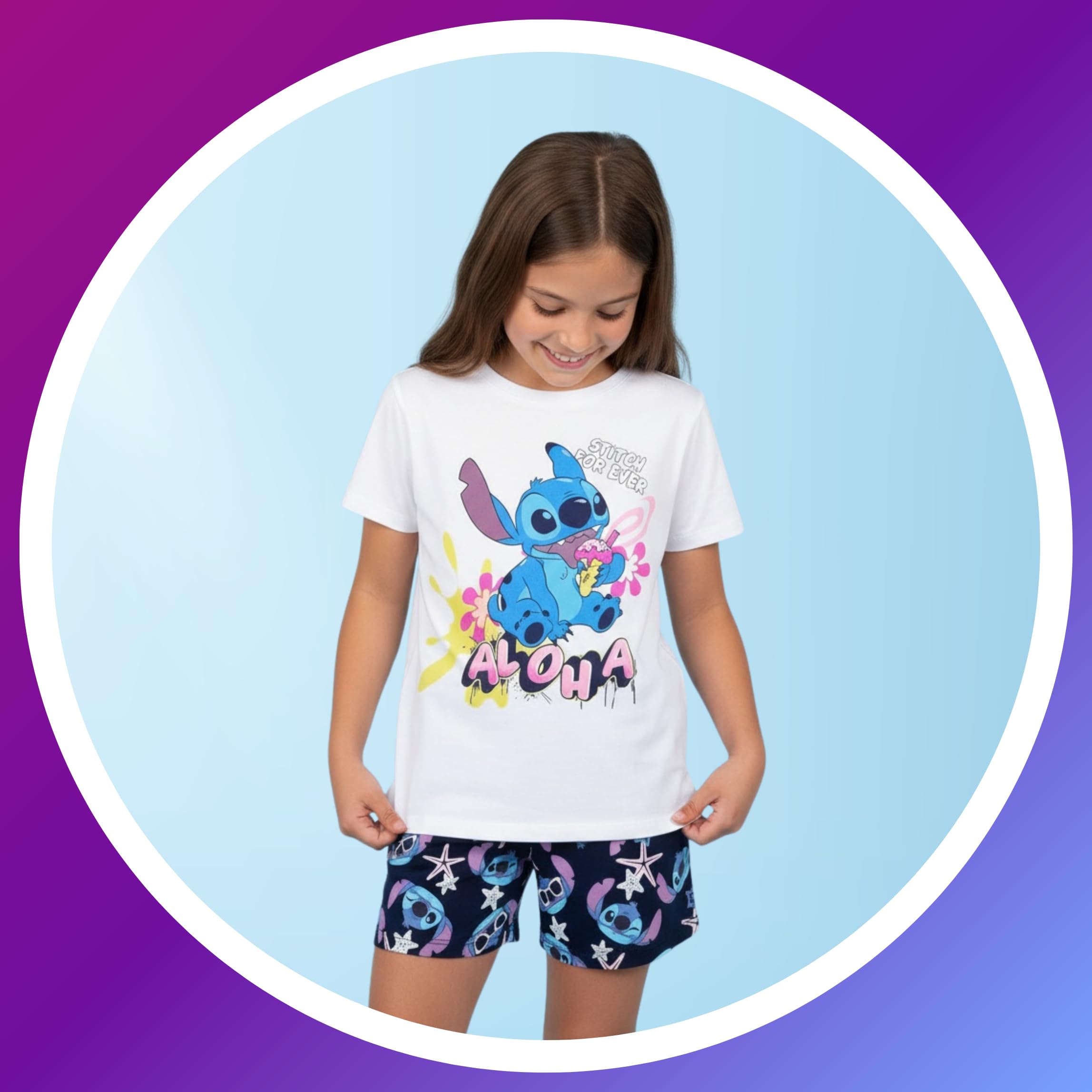 Disney Stitch Pyjama pour Fille, Ensemble 2 Pièces 'Aloha' Conception T-Shirt et Short, Taille 10 Ans | Blanc