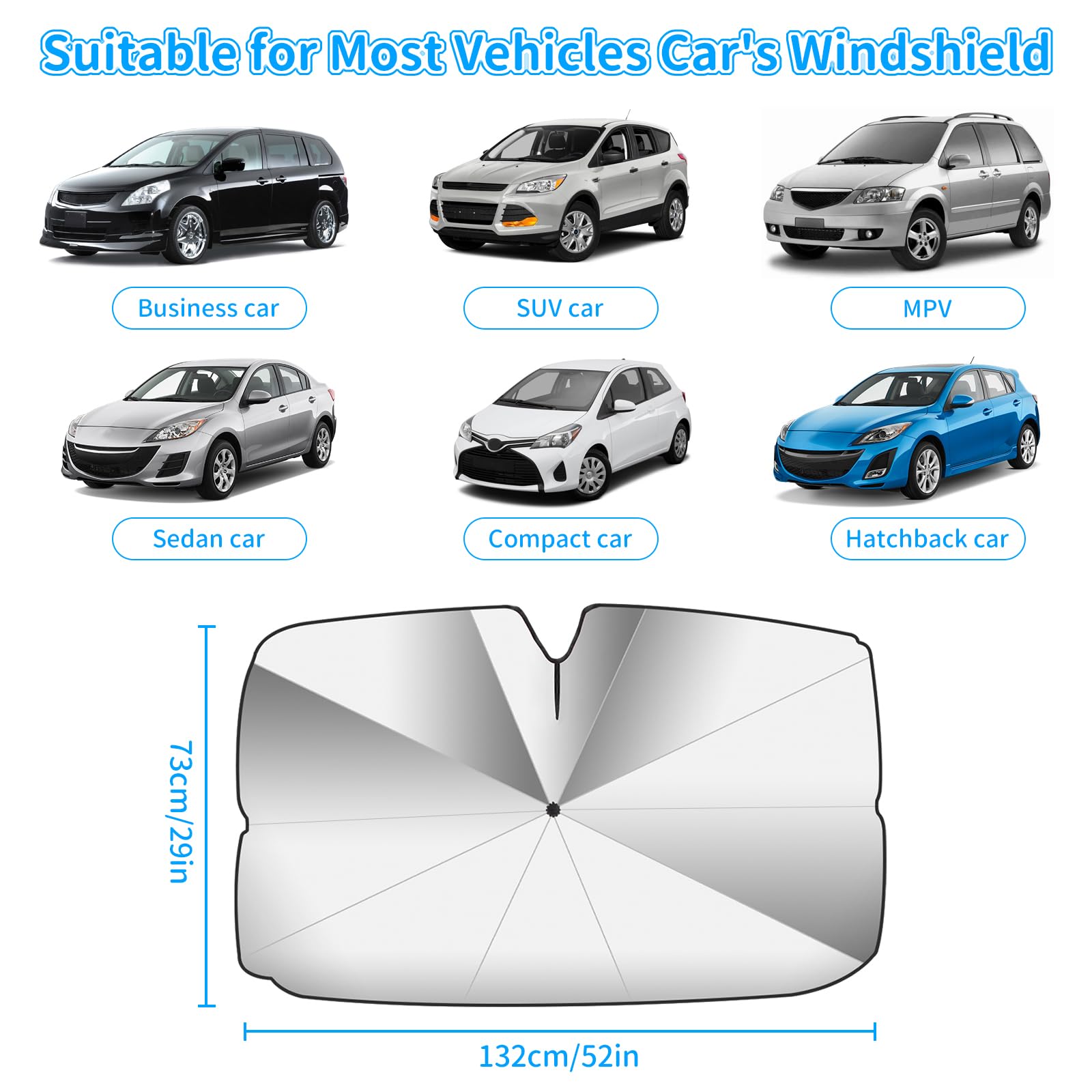 Ombrello Parasole Parabrezza Anteriore per Auto Parabrezza Parasole Auto Pieghevole Aggiornato Protezione UV Rotazione a 360 °Albero Proteggi la tua auto dai graffi 132 * 73 cm