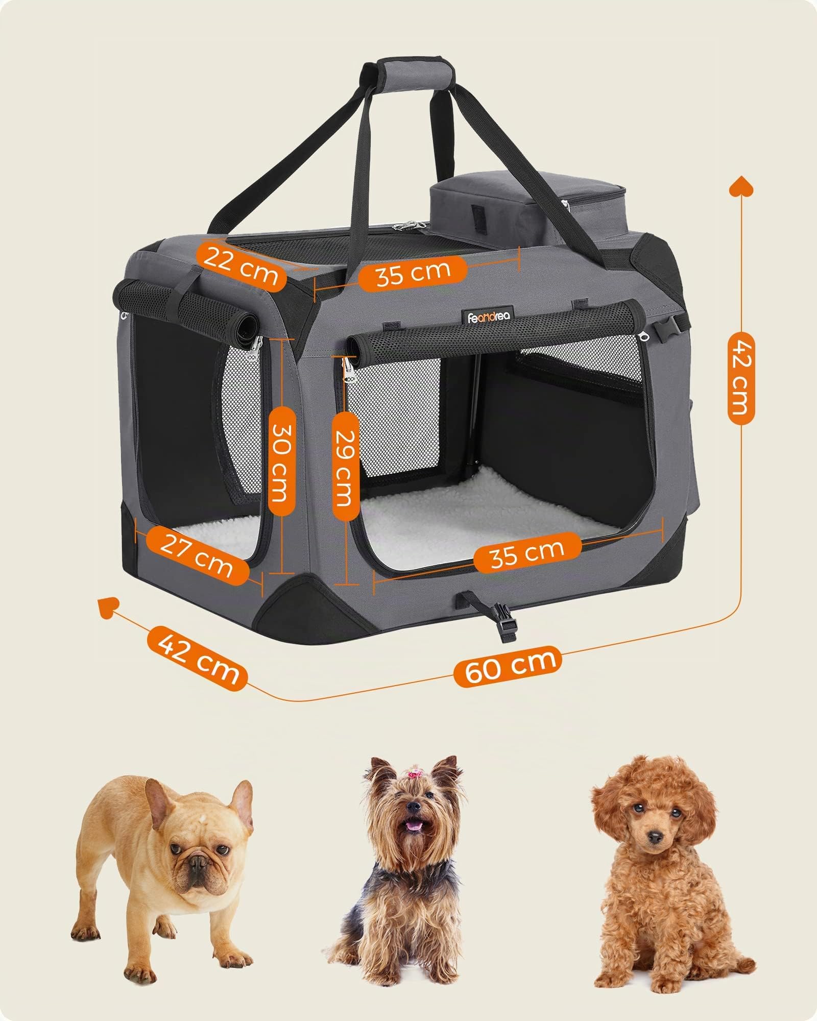 FEANDREA Transportín para Gatos y Perros, Plegable, Tamaño M, Tela Oxford, Malla Transpirable, Portátil, Marco Metálico, con Asas y Bolsillos, 60 x 42 x 42 cm, Gris PDC60GY