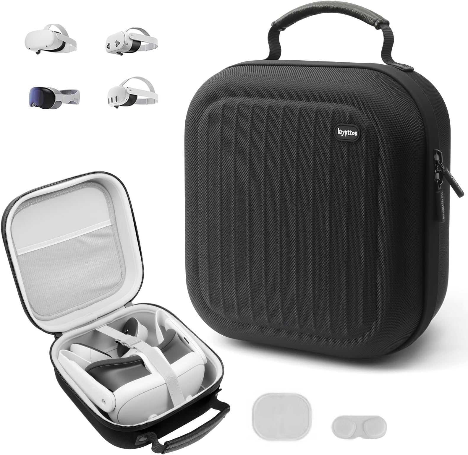 Krypthos Hard Carrying Case Compatible with Meta Quest 3S/Quest 3/Quest 2/Vision Pro, Portable VR Gaming Headset and Touch Controllers Case with Lens Protector, for Travel and Home Storage (Black)