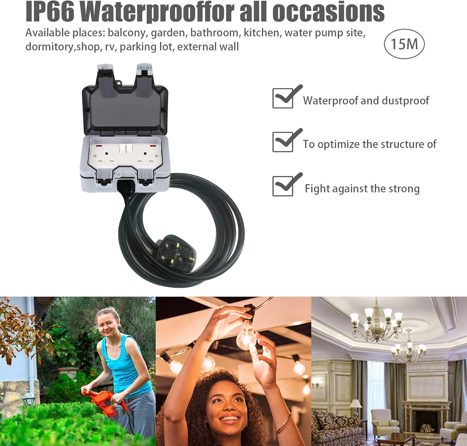 Sockets 2G IP66 RCD Outdoor Extension Lead Waterproof Double Socket 20M