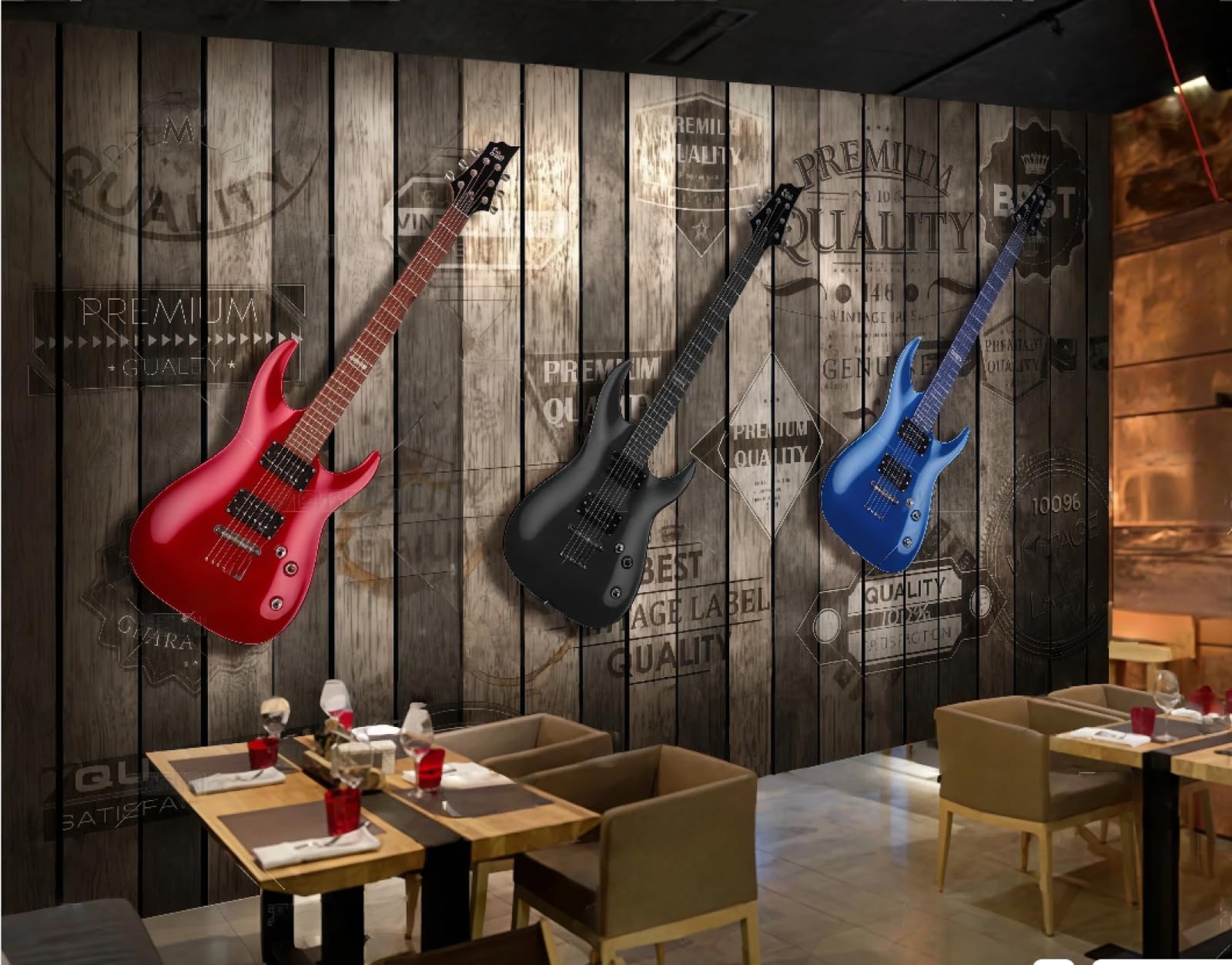 XDOUBAO Wallpaper Retro Wooden Board Three-Dimensional Guitar Music Theme Dessert Shop Afternoon Tea Western Restaurant Background Wall Wallpaper Coffee Shop Mural,3D,150x105cm