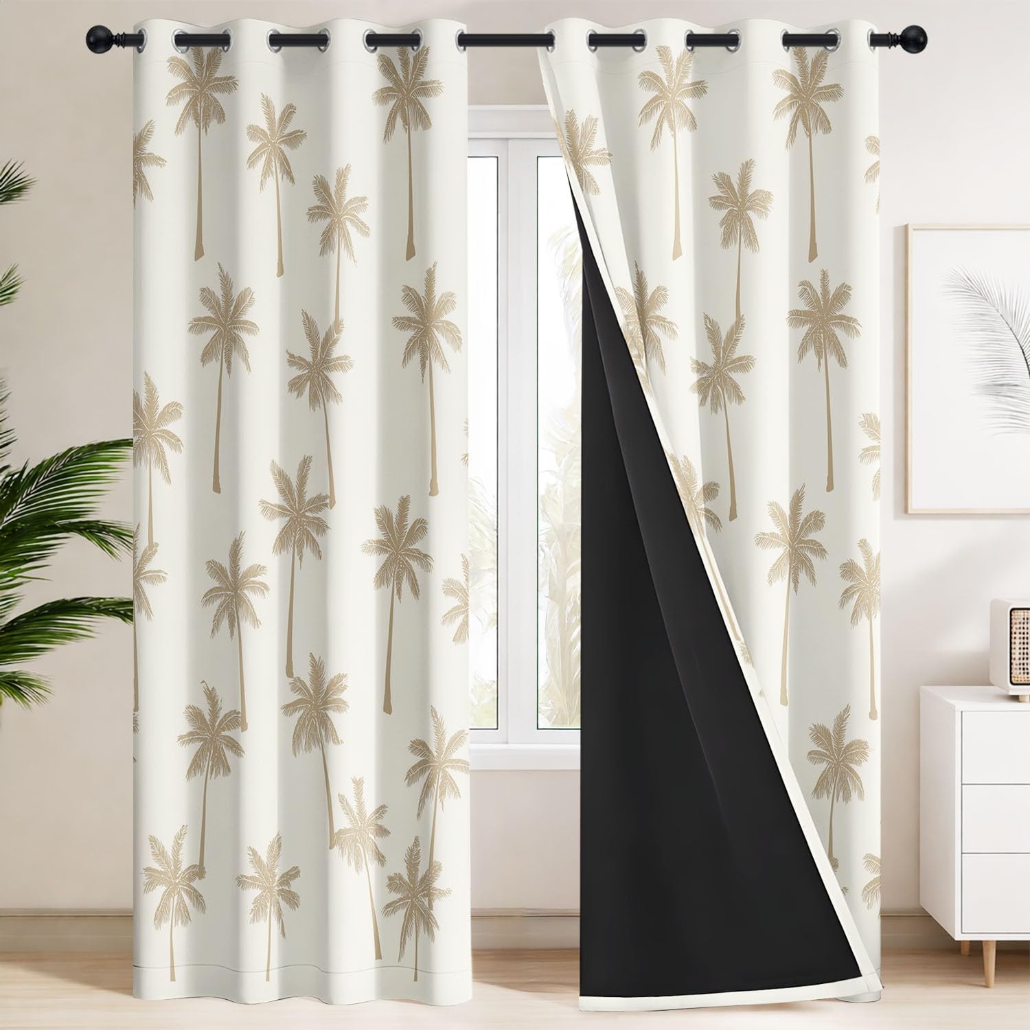 Rideaux Occultants Simple, Silhouette, Naturel, Silhouette 135 x 240 CM | Anti Froid et Chaleur - Lot de 2 Rideaux Style Motif à Répétition, Palmiers, Plantes pour le salon et la chambre à coucher