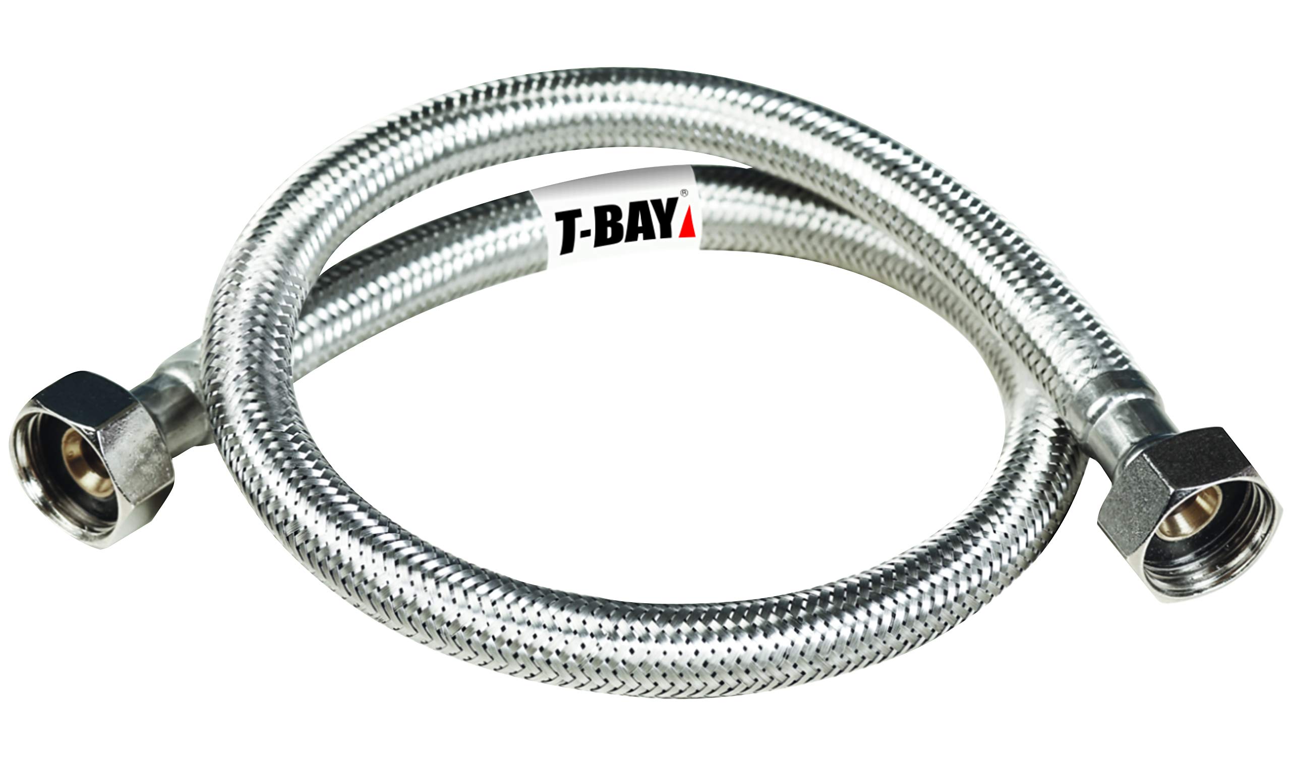 T-BAY SS 304 BRAIDED HOT WATER CONNECTION PIPE WITH CHROME PLATED BRASS NUTS & BRASS INSERTS FOR GEYSERS FLUSH TANKS TAPS (24"/60CM)