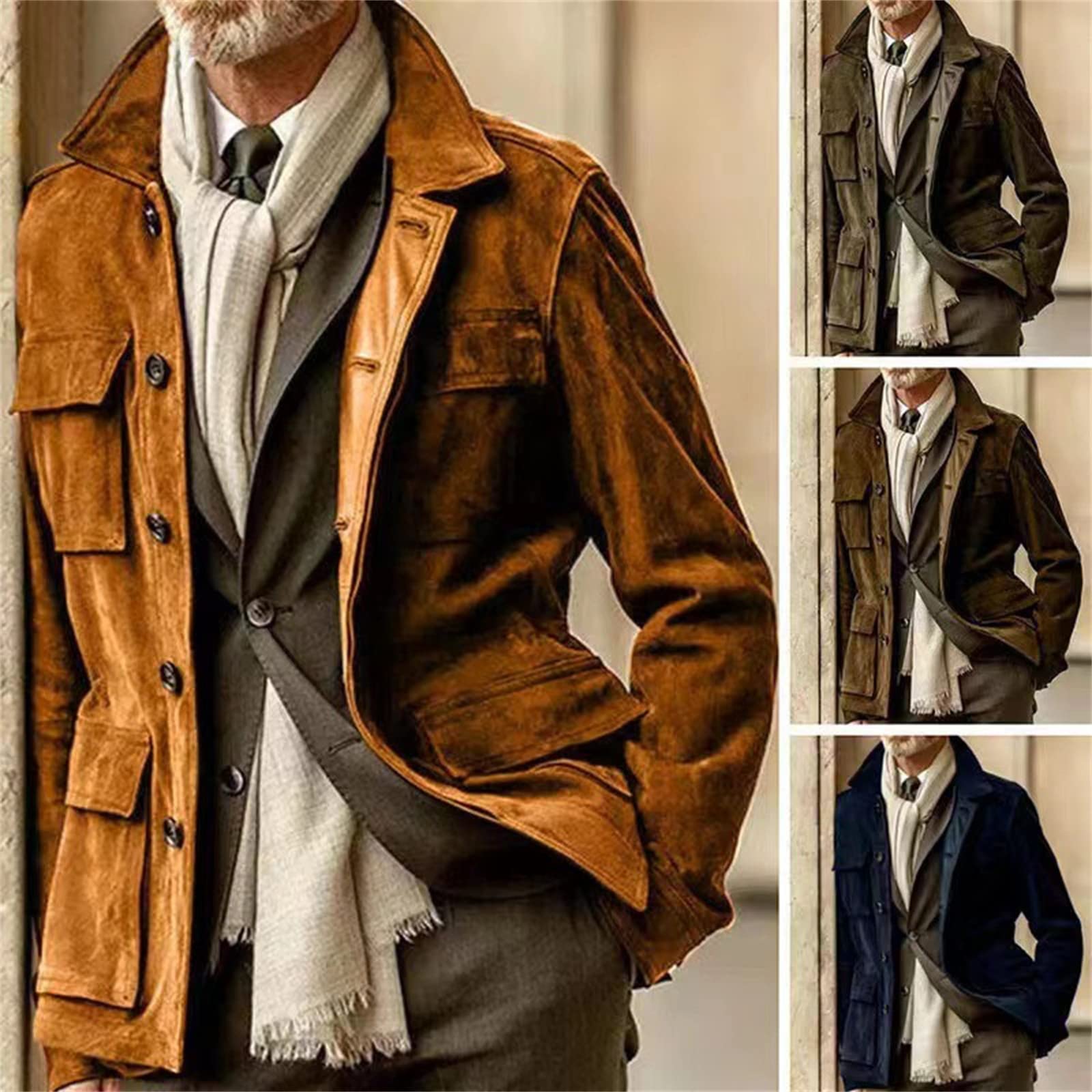 Cappotto Casual in Pelle Bovina Uomo Fashion Stand Collare Tinta Unita Multi Tasca Cappotto Top