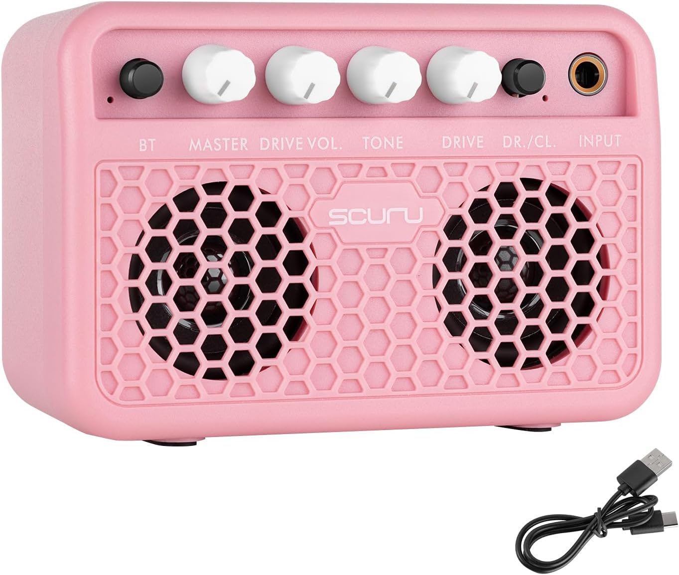 Caline Guitar Mini Amp, 5W Rechargeable Bluetooth Guitar Amplifer Combo for Desktop Practice, Dual Channel,with Headphone Jack, Pink