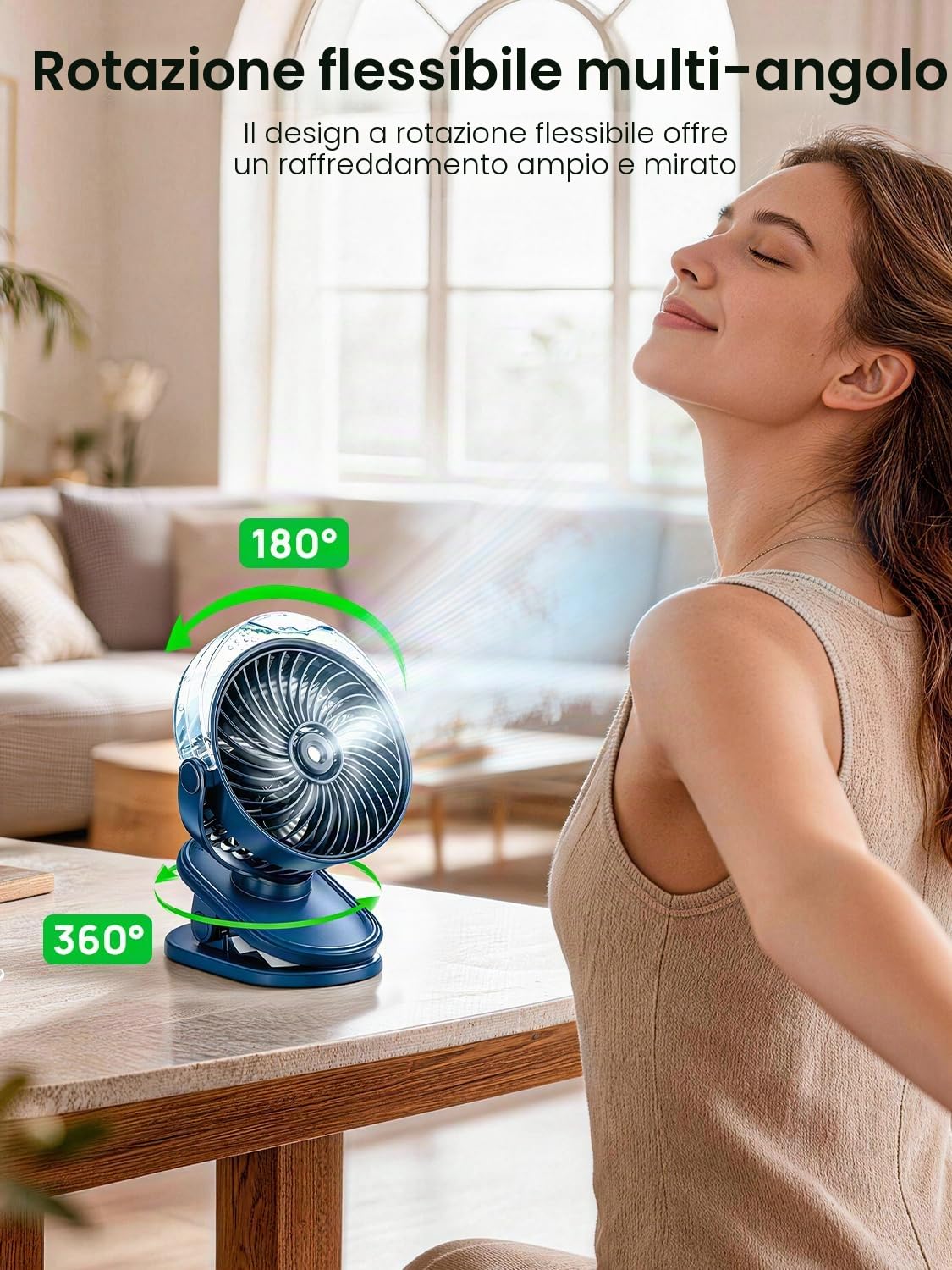 Mini Ventilatore Da Tavolo, Ventilatore Portatile USB Ricaricabile | 6000mAh Ricaricabile, Ventilatore Piccolo da Tavolo Silenzioso, 360°Girevole per Passeggino, 4 Velocità, Ufficio e Esterno