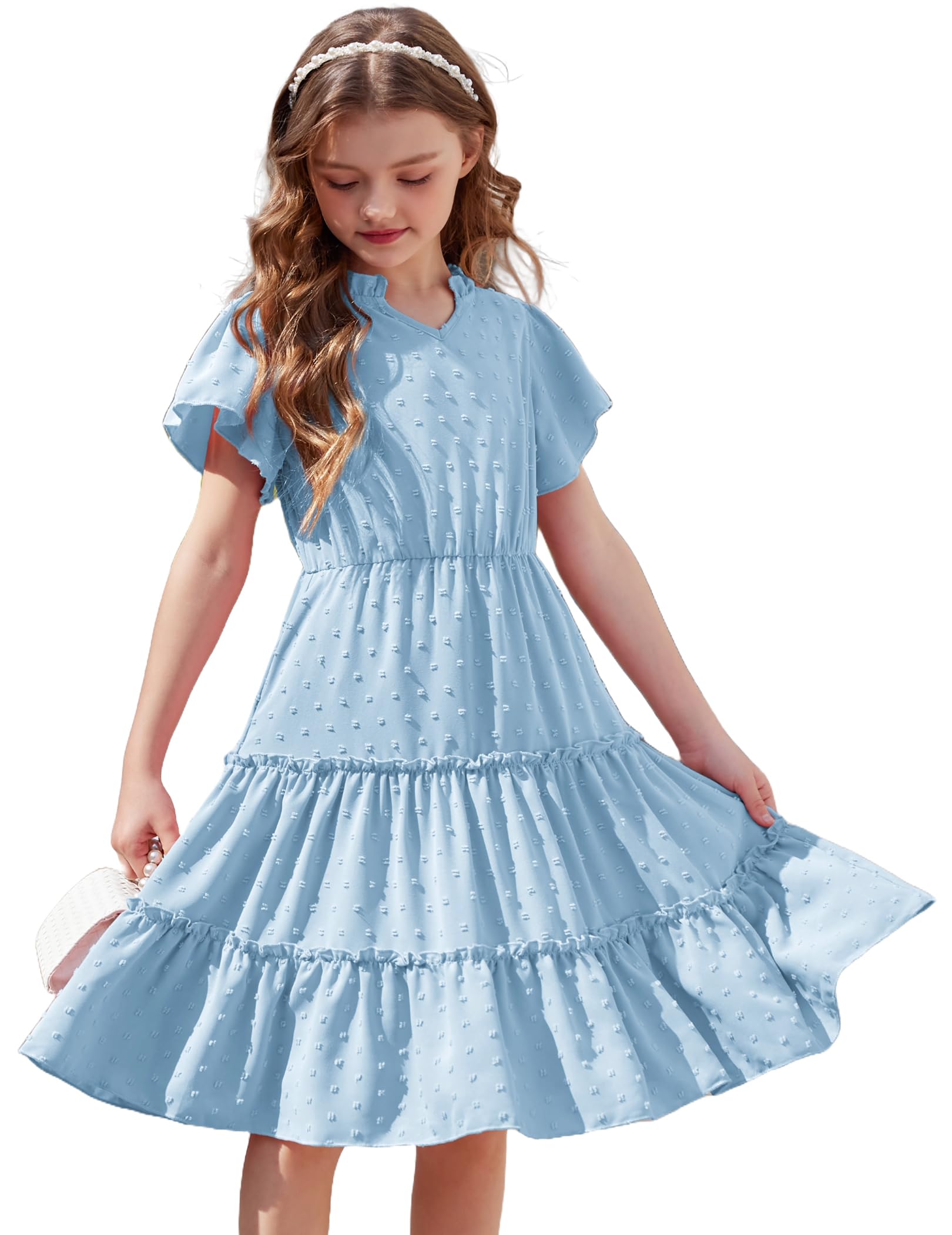 Arshiner Vestidos para Niñas Verano Mangas con Volantes Vestidos de Fiesta con Cuello en V Elegante Vestido de Gasa para Niños Boda en la Playa Vestido Infantil con Bolsillo 3-12 Años
