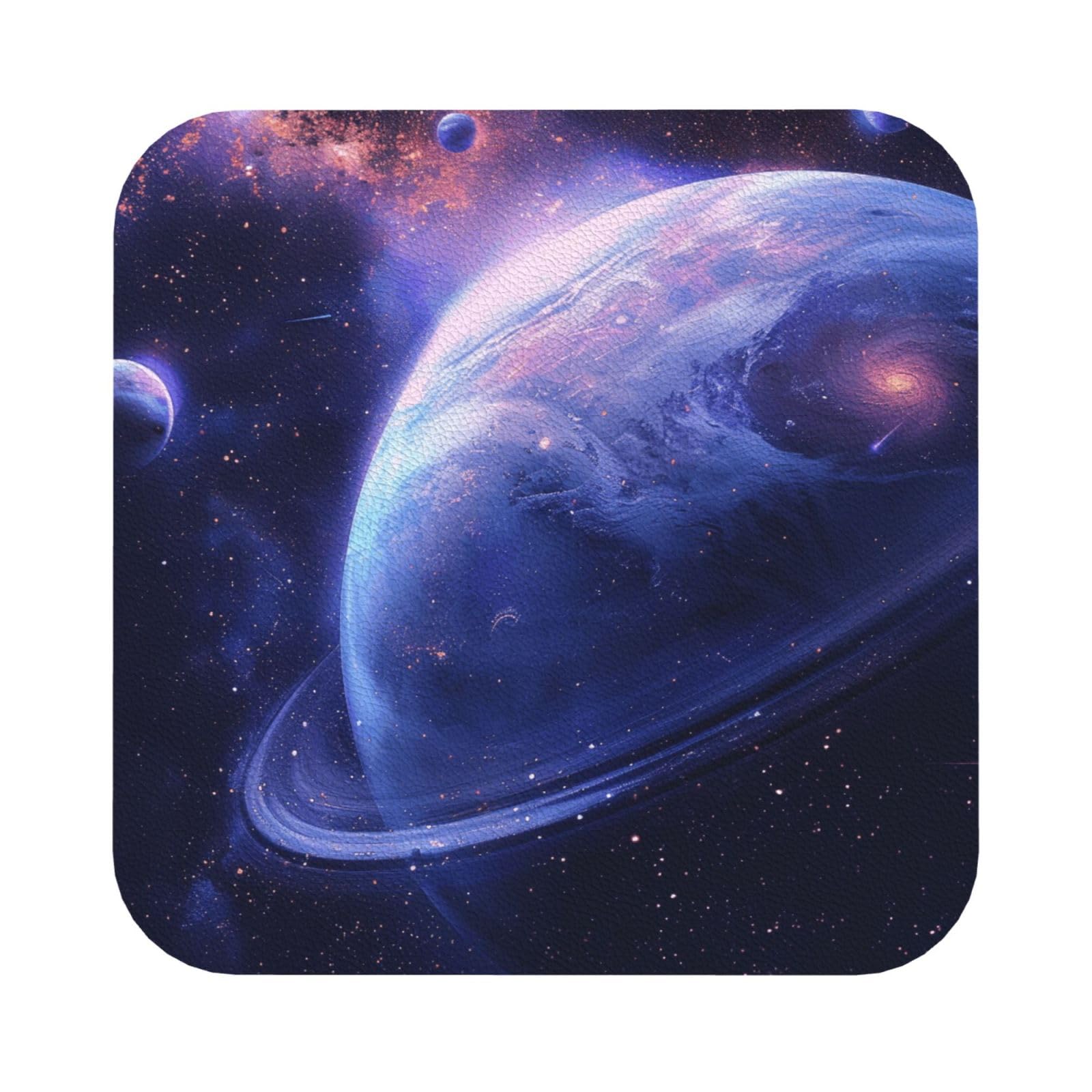 Planet Print Leather Coaster Set of 6, Square Coasters Table Decorative Coffee Cup Beverage Coasters Wine Beer Bar Coasters for Hot Drinks Table Protection