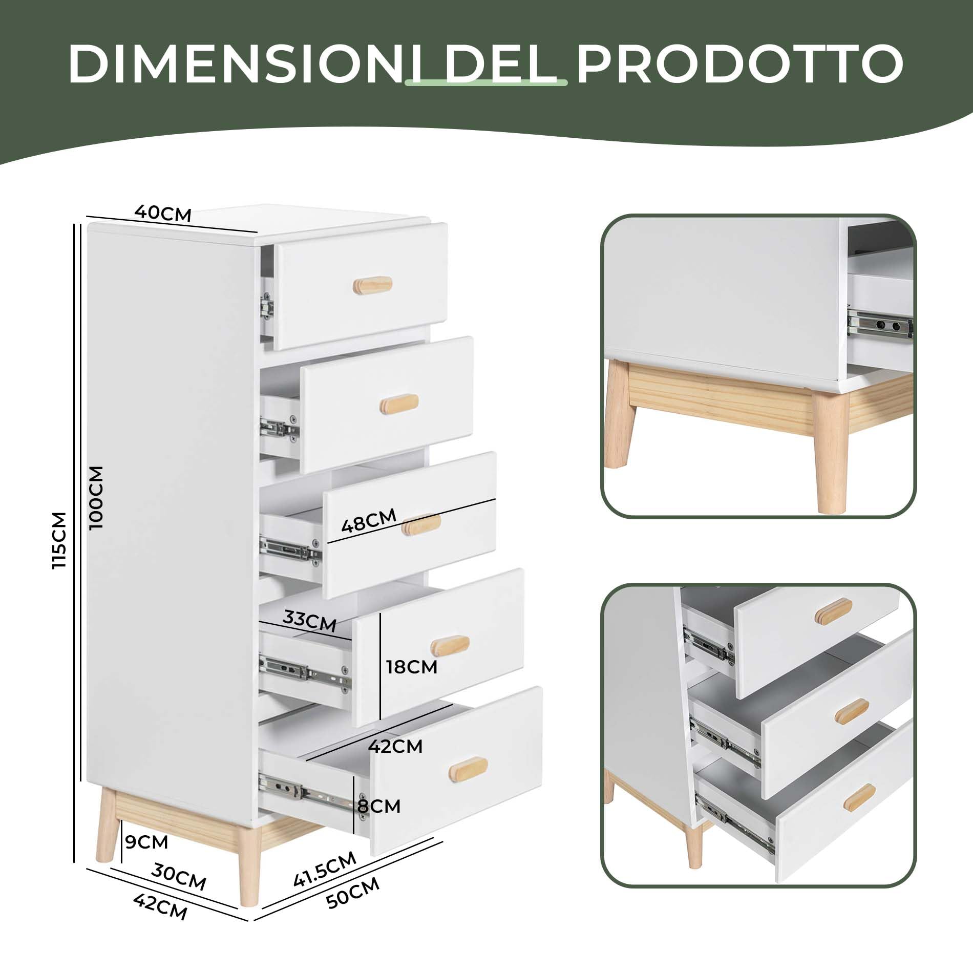 Rebecca Mobili Cassettiera per Cameretta, Cassettiera per Bambini, Bianco Marrone, MDF Pino, con 5 Cassetti, con Sistema Anti Ribaltamento - Misure HxLxP: 115 x 50 x 40 cm - Art. RE6980