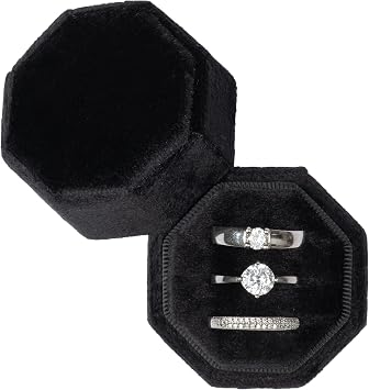 Equal Octagon Velvet Ring Box Storage 3 Slots for Wedding Ceremony Proposal Engagement Birthday Gift Black