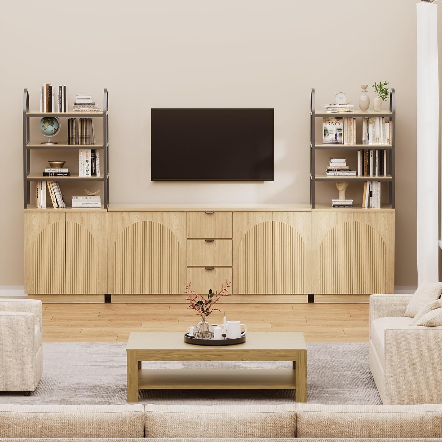 Yechen 122" Modular Entertainment Center with Bookshelves for up to 65", Mid-Century Modern TV Stand with Storage and Drawers, TV Cabinet with Adjustable Shelves, Living Room, Natural Oak (3 PCS)