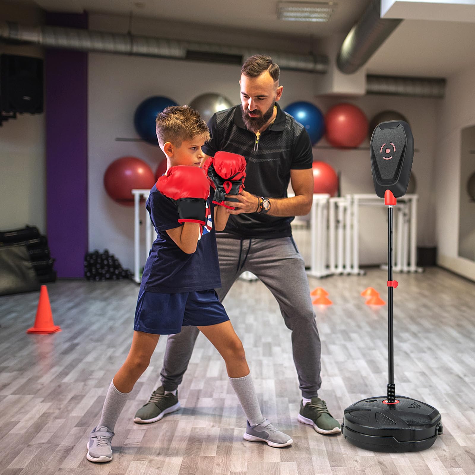 KOMFOTTEU Saco de Boxeo de Pie con Altura Ajustable 95-126 cm, Pelota de Boxeo con Guantes de Boxeo, Punching Ball con Base Rellenable, Set de Boxeo para Niños Mayores de 3 Años