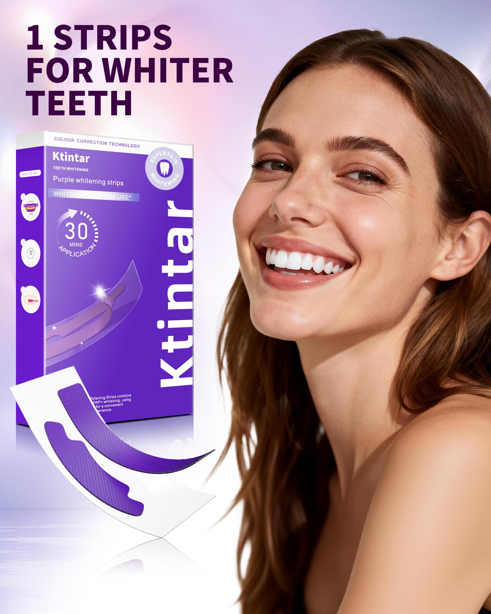 Ktintar Purple Whitening Strips, Color Correcting Purple Teeth Whitening Strips for Sensitive Teeth, Removes Yellow Stains, Enamel Safe, 30 Min Treatment, 14 Treatments, 28 Strips — view 4