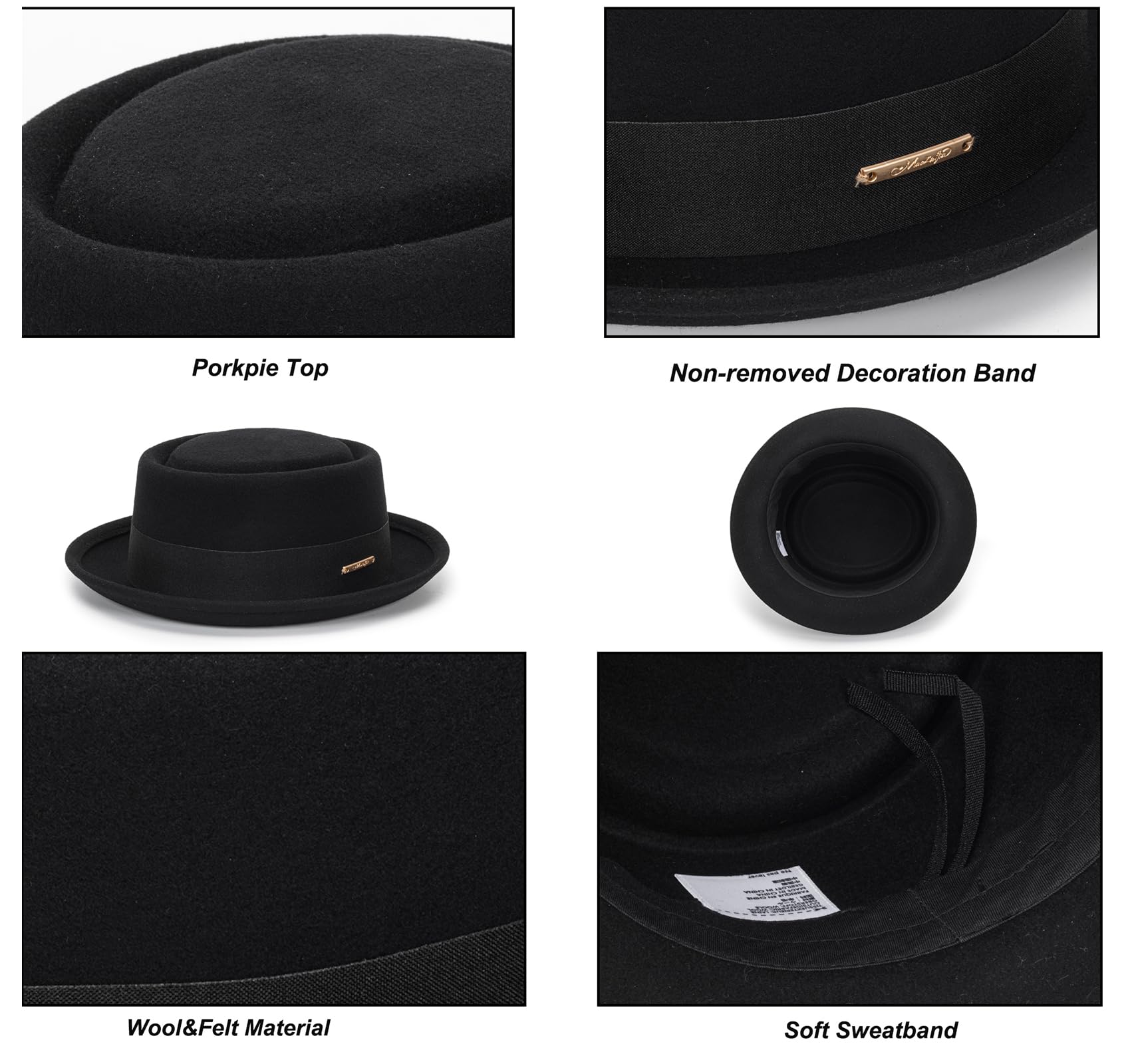 Sombrero de Porkpie Plano para Hombre, Sombrero de Lana Negra con Banda (S-M), Negro con Banda, M