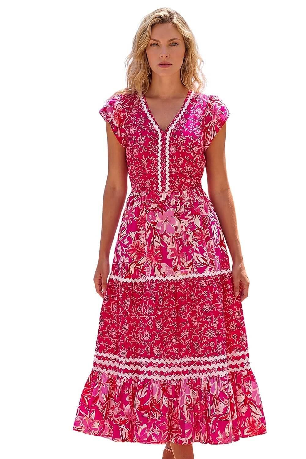 Roman Floral Contrast Stitch Midi Dress, Pink, Size 14, Women