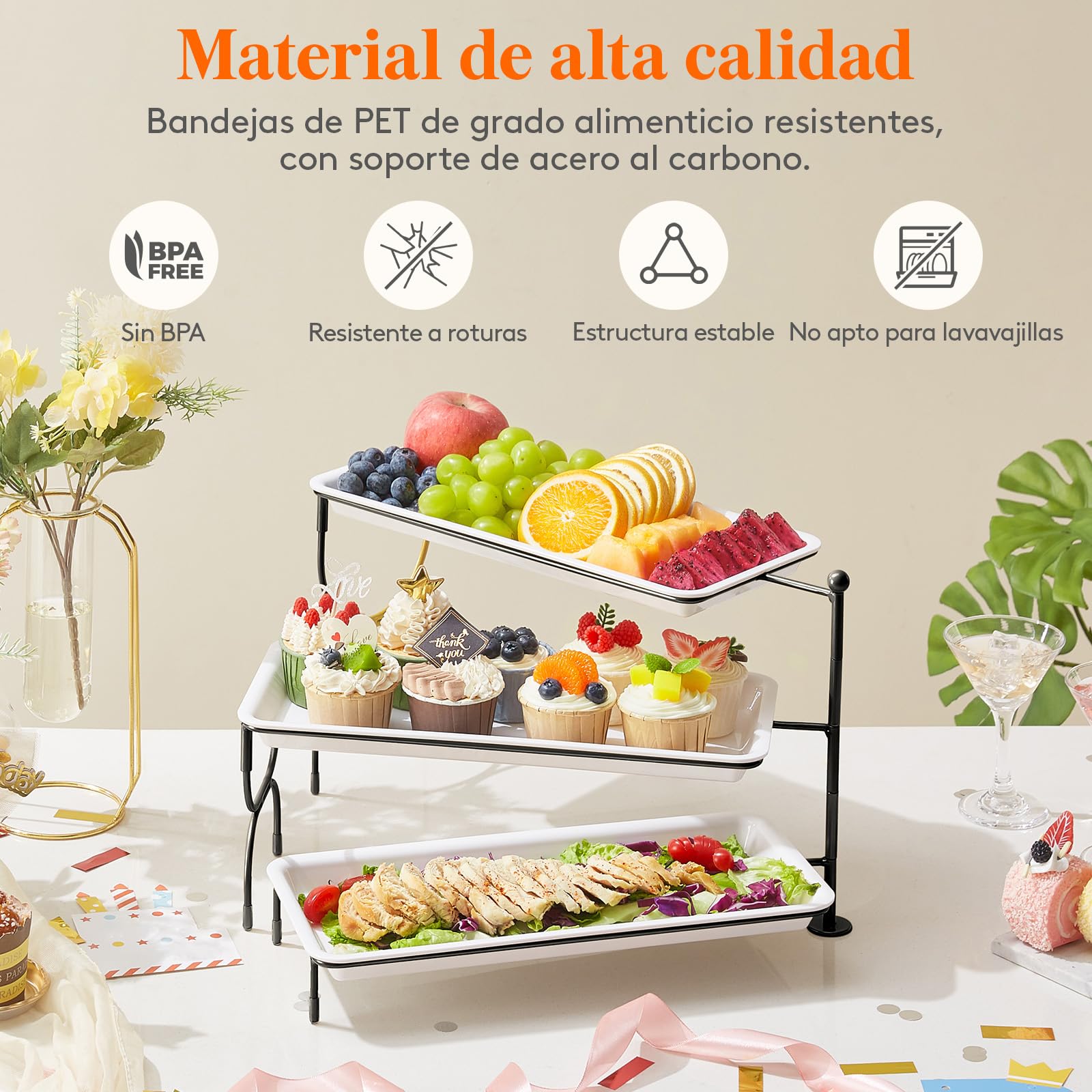 Lifewit Bandejas 3 Pisos de Plástico para Servir Comida, Bandeja Decorativas para el Entretenimiento de la Fiesta, 36×17cm Tazón de Frutas en Bandeja para Verduras, Frutas, Galletas, Postres, Negro