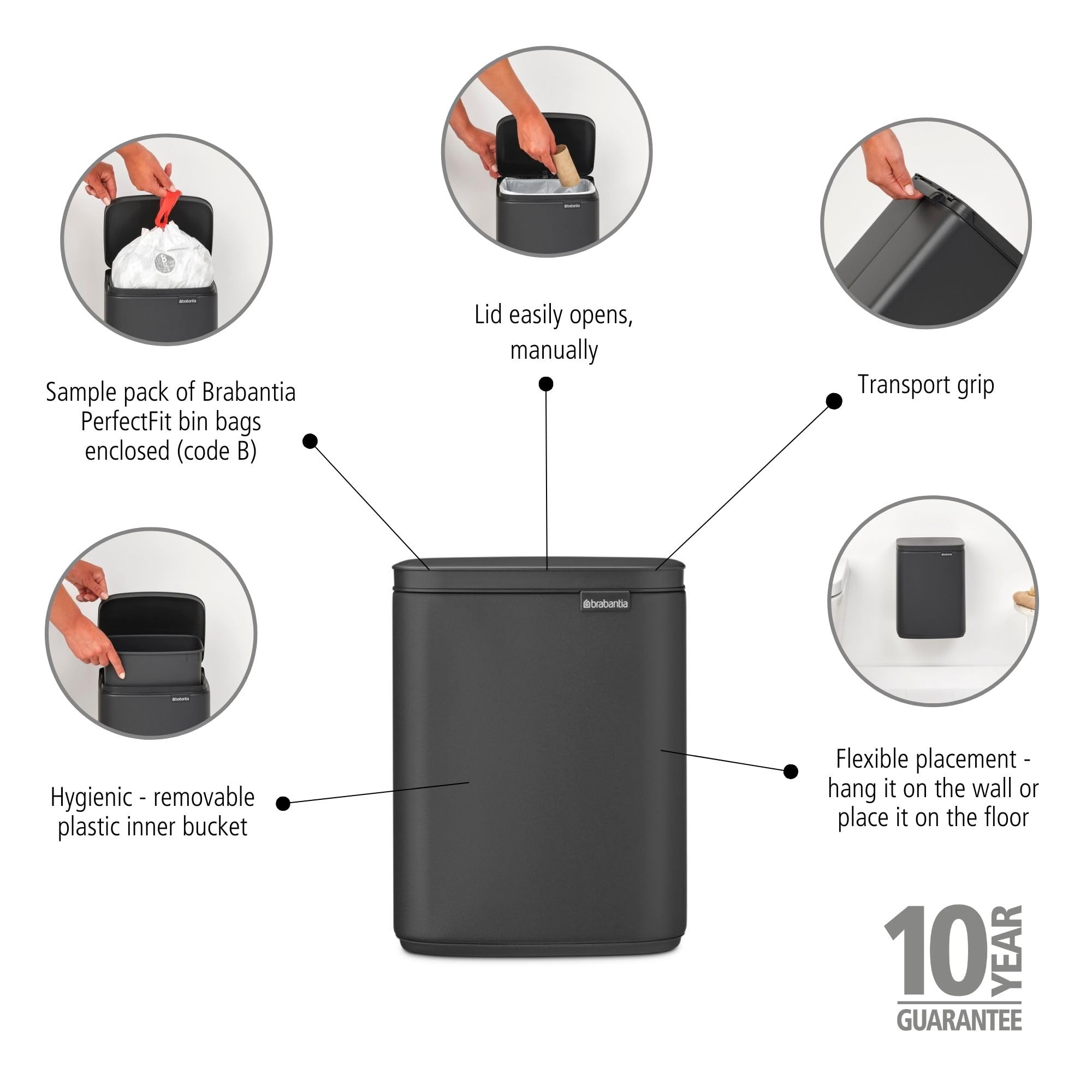 Brabantia Bo Abfalleimer 7 l | Kompakter rechteckiger Mülleimer mit Soft-Close-Deckel und herausnehmbarem Inneneimer | Wandmontage oder frei stehend für Bad, Küche oder Büro | Mineral Infinite Grey