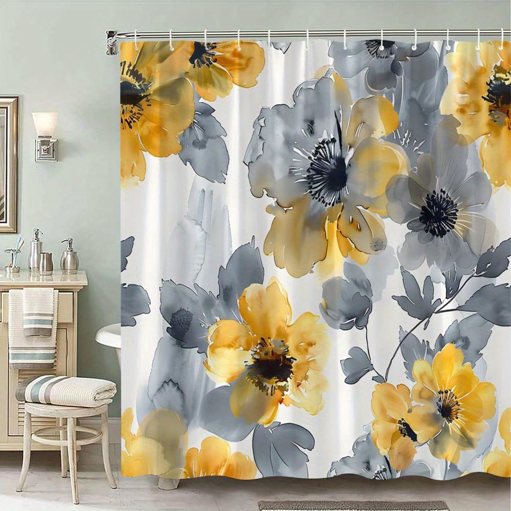 Rideau de douche minimaliste imperméable et résistant aux motifs floraux jaunes et noirs