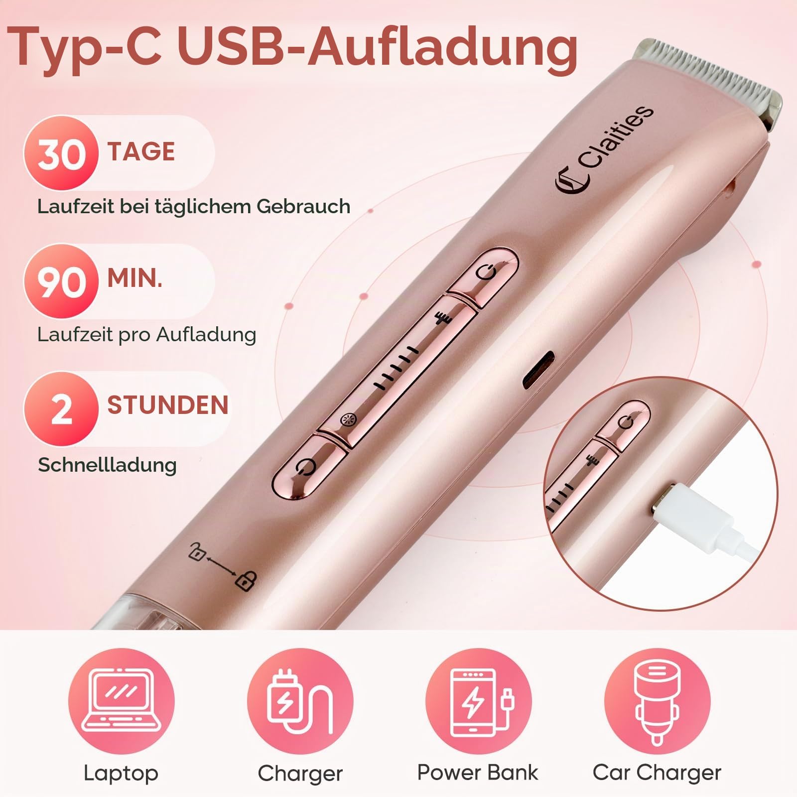 2-in-1 Damen-Bikini-Trimmer mit zwei Kopfen, IPX7, wasserdicht, Nass- und Trockenanwendung, Körperhaarschneider und Gesichtshaarentferner für Bikini, Achselhöhlen, Beine, Arme, Körper, Gesicht