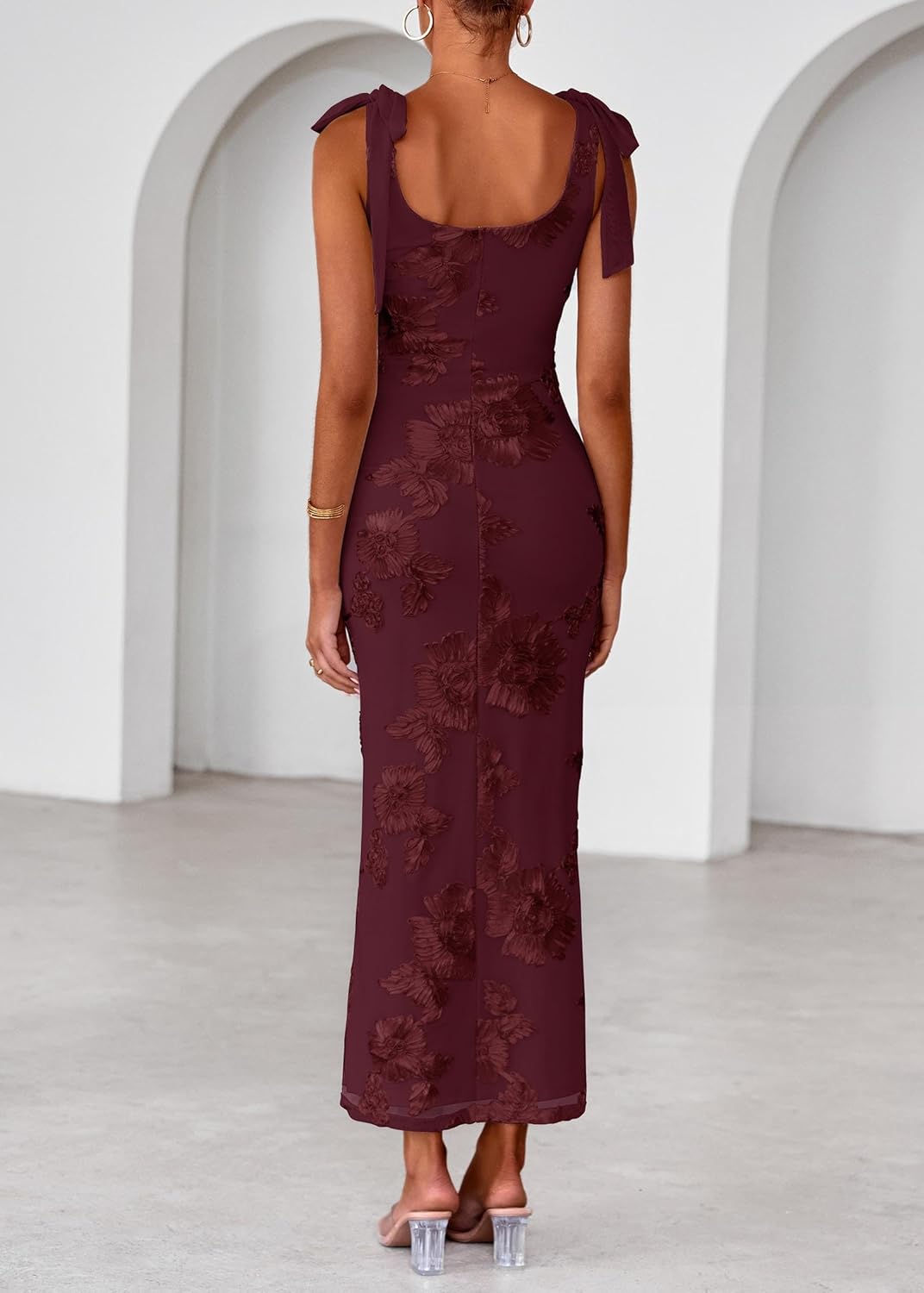 Lazysmile Womens Floral Embroidered Maxi Dress Sleeveless V Neck Tie Strap Ribbon Flower Mesh Party Cocktail Dresses - Image 2